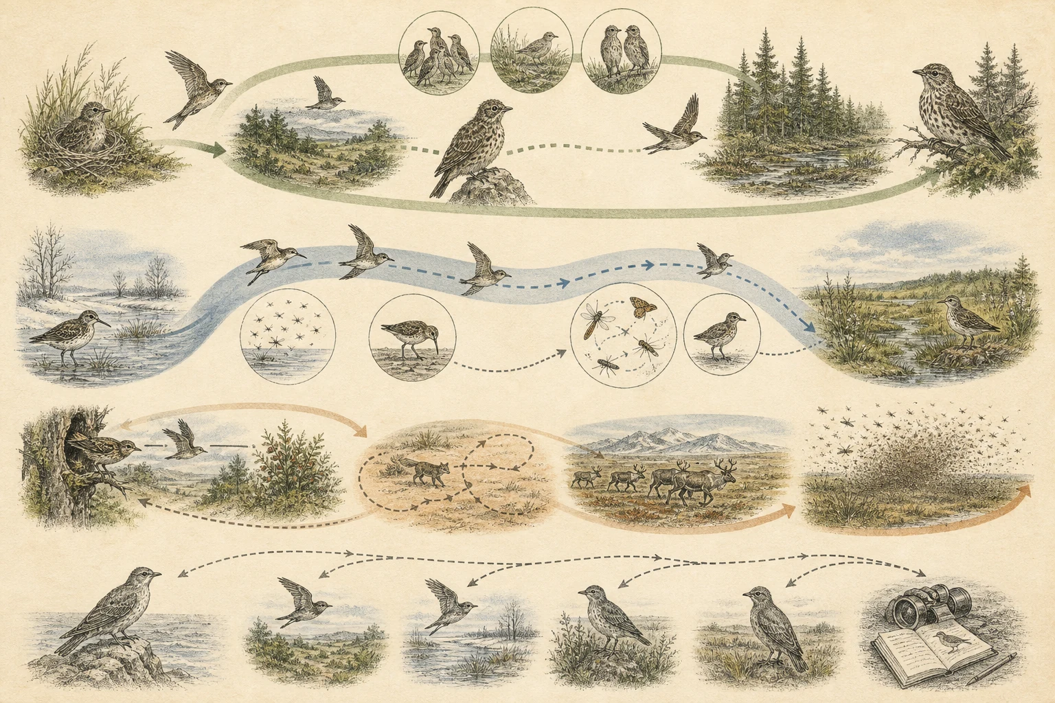 Text-free illustrated seasonal wheel for “Animal dispersal vs migration”; the article points are listed below.