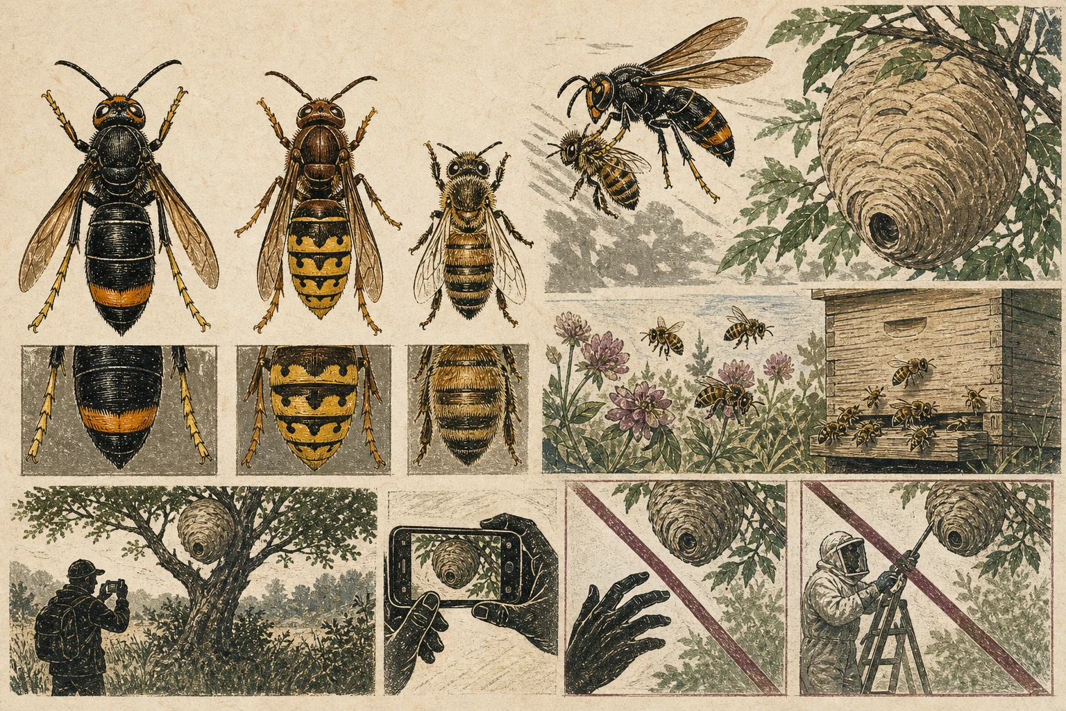 Text-free illustrated concept map for “Asian hornet, European hornet, or honeybee?”; the article points are listed below.