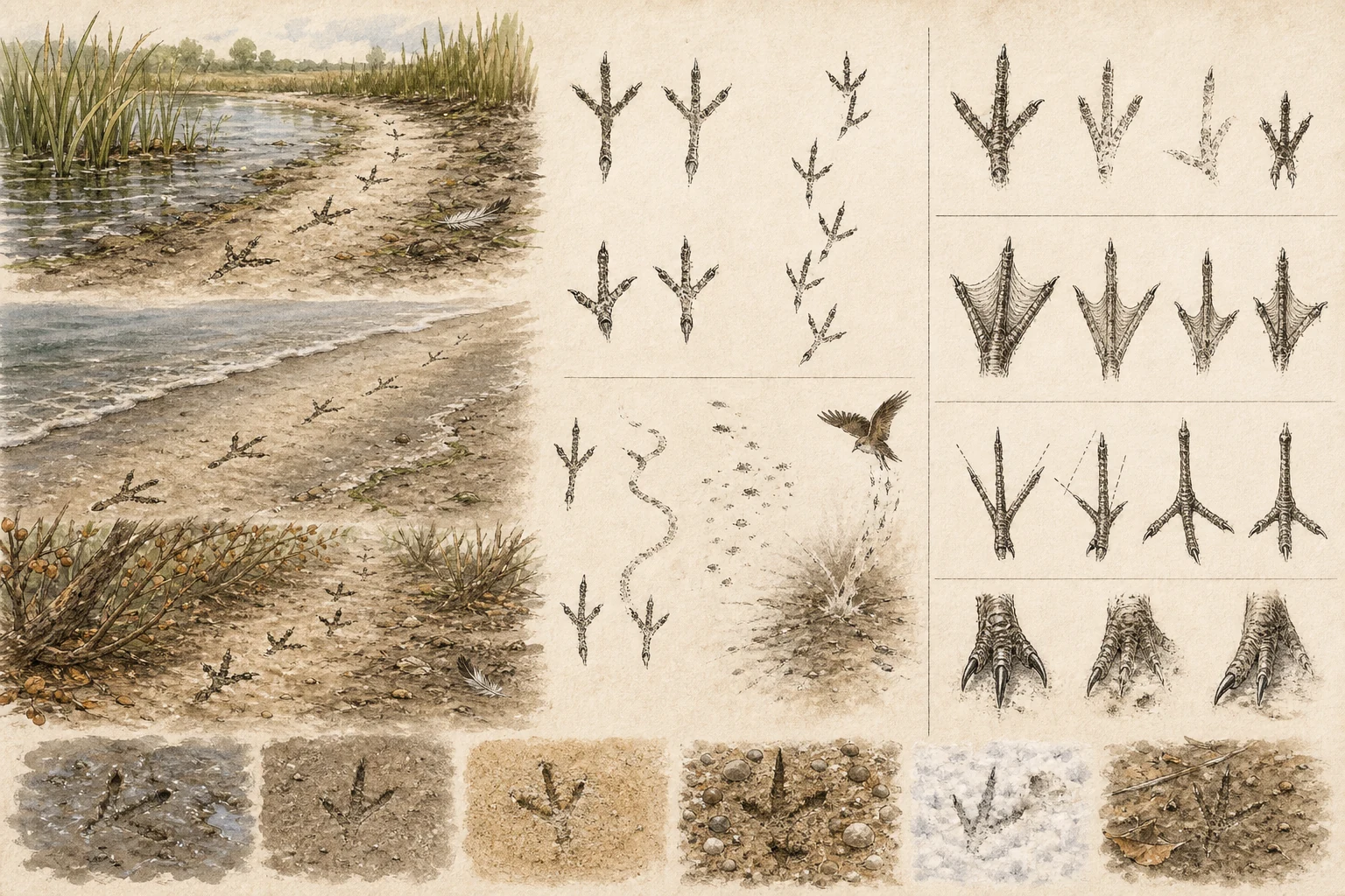 Text-free illustrated evidence board for “Bird tracks and toe patterns”; the article points are listed below.
