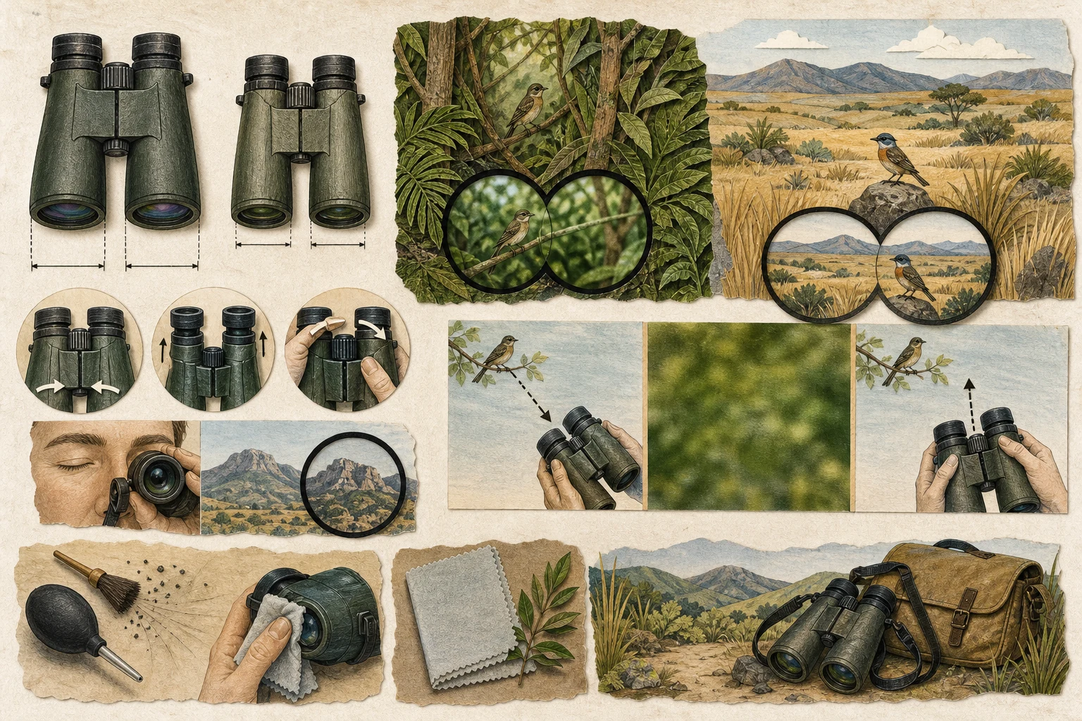 Text-free illustrated field protocol for “Choosing and using binoculars”; the article points are listed below.