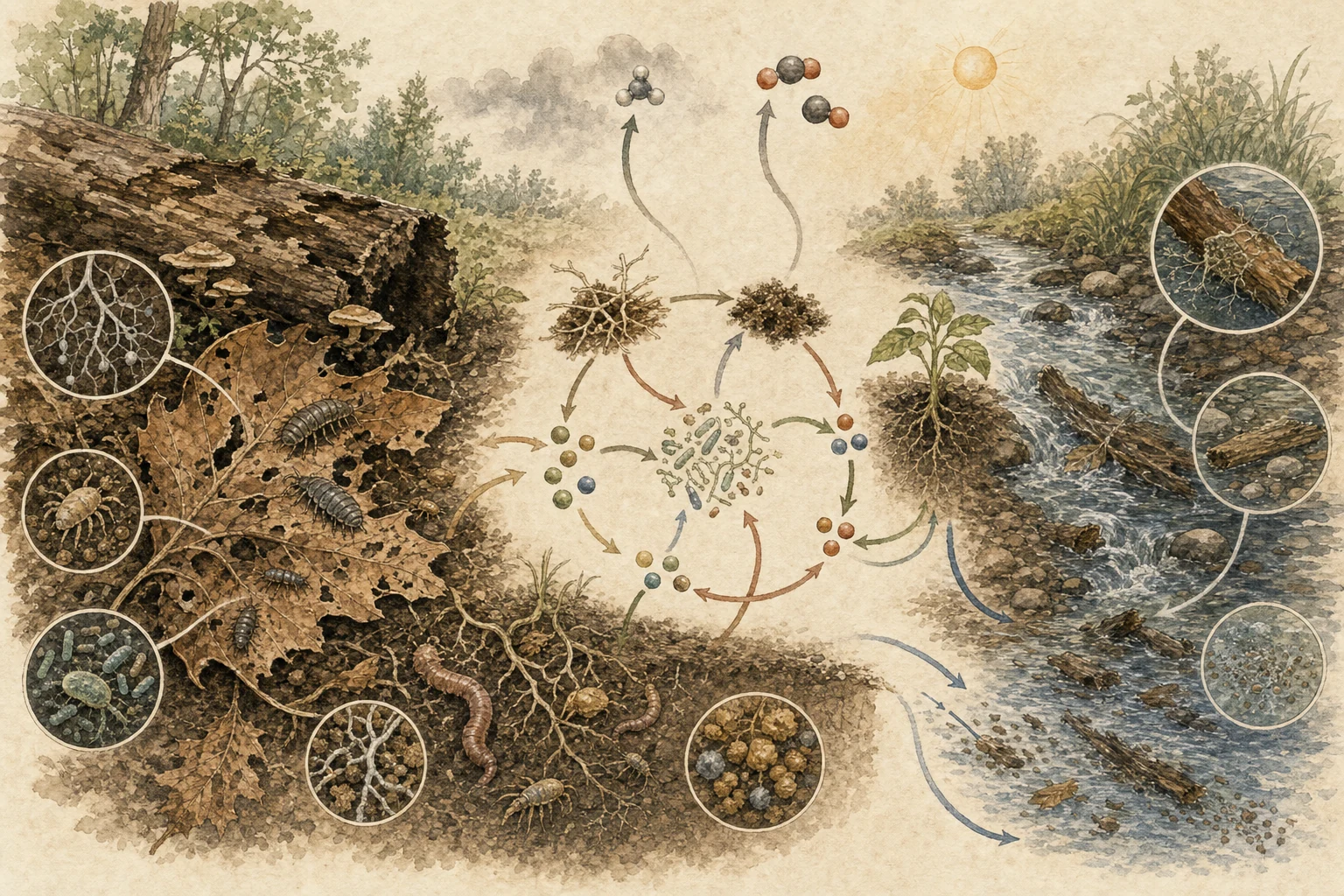 Text-free illustrated cause map for “Decomposition and nutrient cycling”; the article points are listed below.