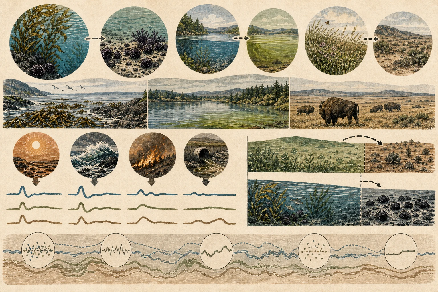 Text-free illustrated signal score for “Ecological resilience and tipping points”; the article points are listed below.