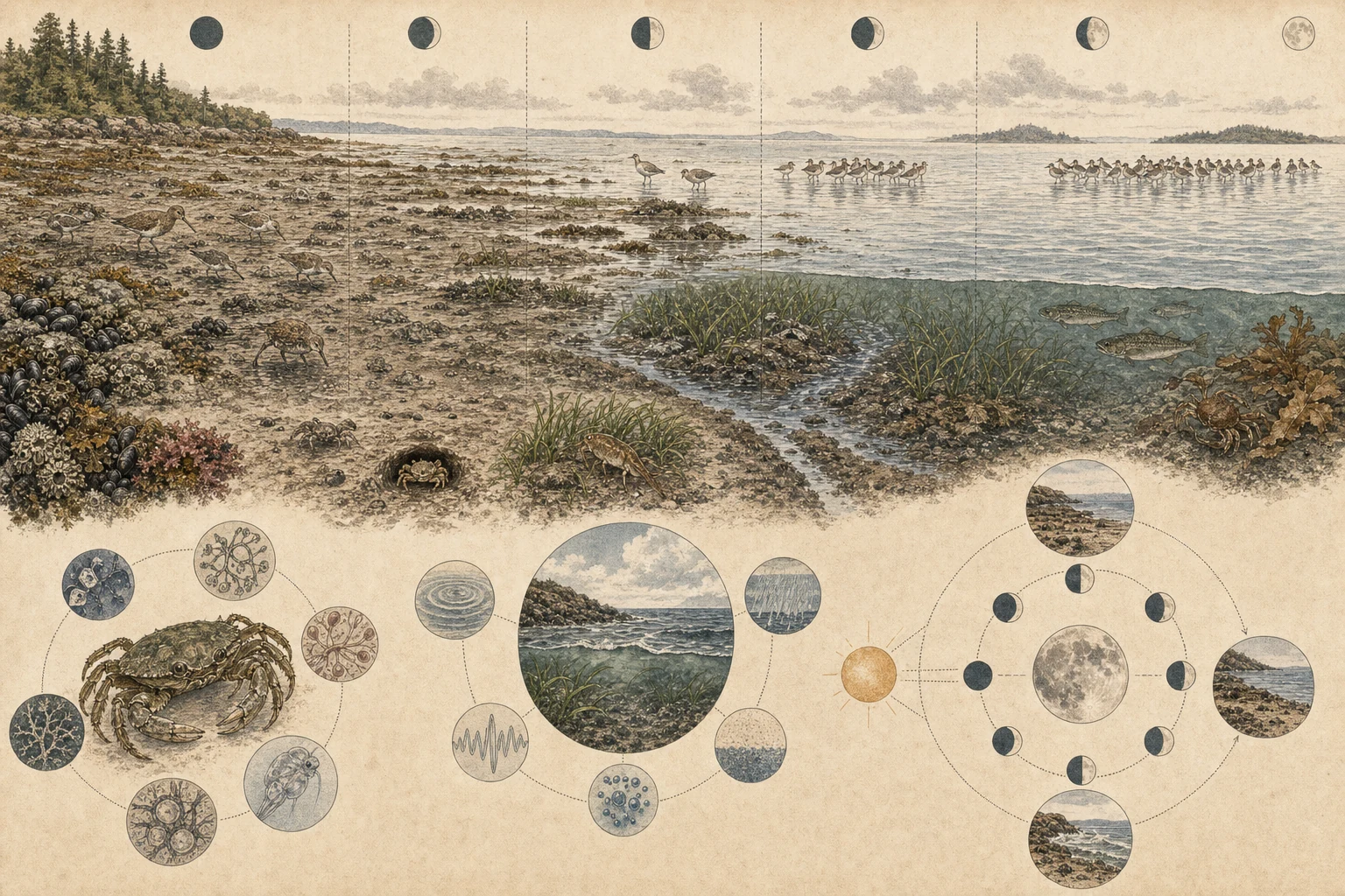 Text-free illustrated habitat transect for “Following tidal wildlife rhythms”; the article points are listed below.
