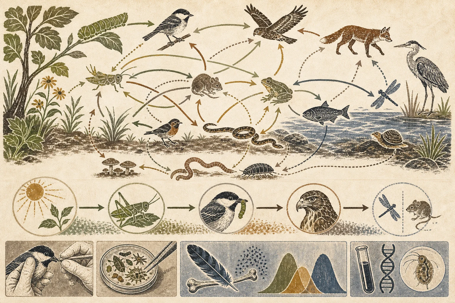 Text-free illustrated cause map for “Food webs and trophic levels”; the article points are listed below.