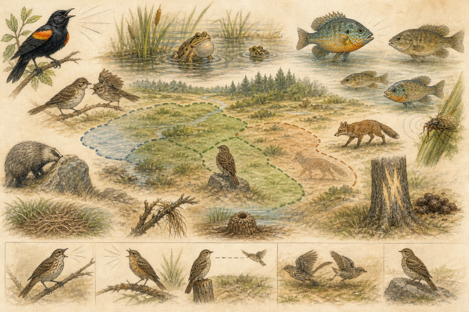 Text-free illustrated concept map for “How animals defend territories”; the article points are listed below.