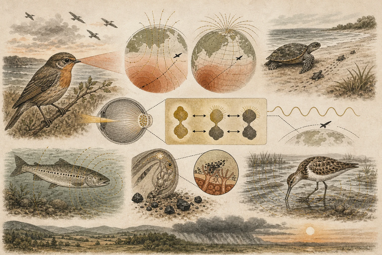 Text-free illustrated signal score for “How animals detect magnetic fields”; the article points are listed below.