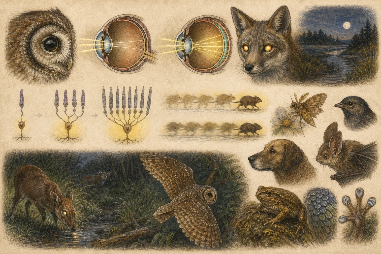 Text-free illustrated concept map for “How animals see in low light”; the article points are listed below.