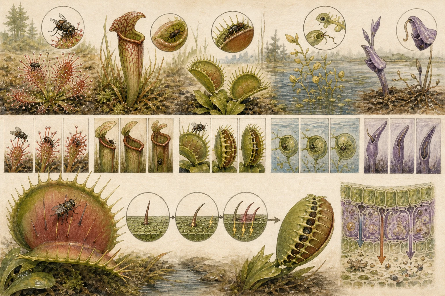 Text-free illustrated mechanism panels for “How carnivorous plants trap prey”; the article points are listed below.