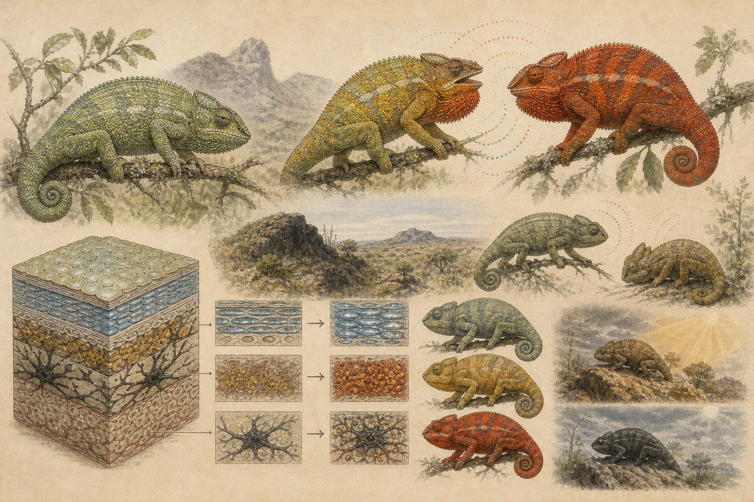 Text-free illustrated signal score for “How chameleons change color”; the article points are listed below.