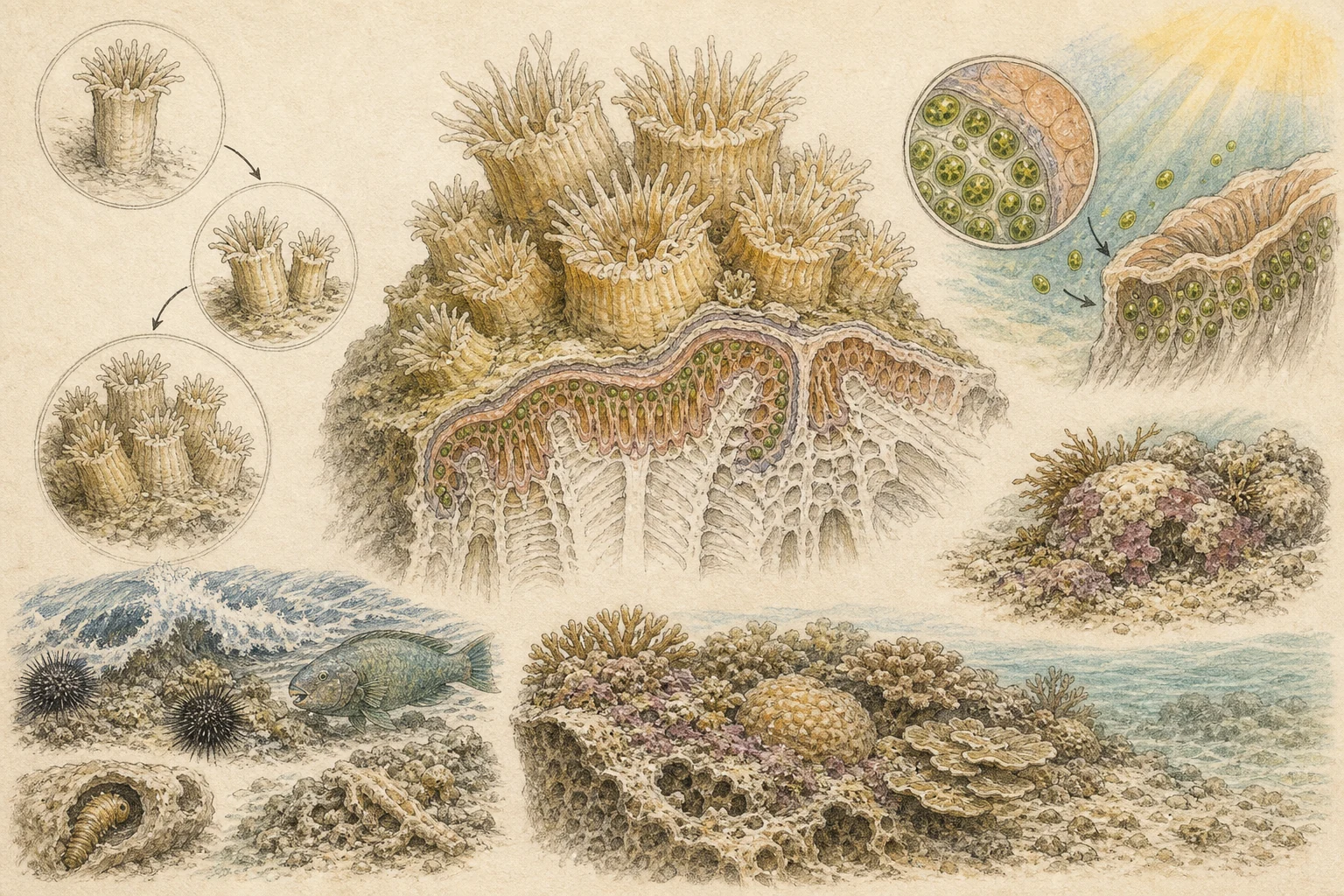 Text-free illustrated mechanism panels for “How corals build reefs”; the article points are listed below.