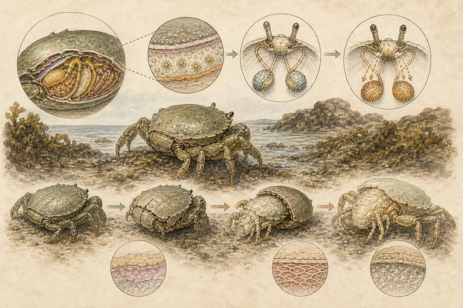 Text-free illustrated concept map for “How crabs molt and grow”; the article points are listed below.