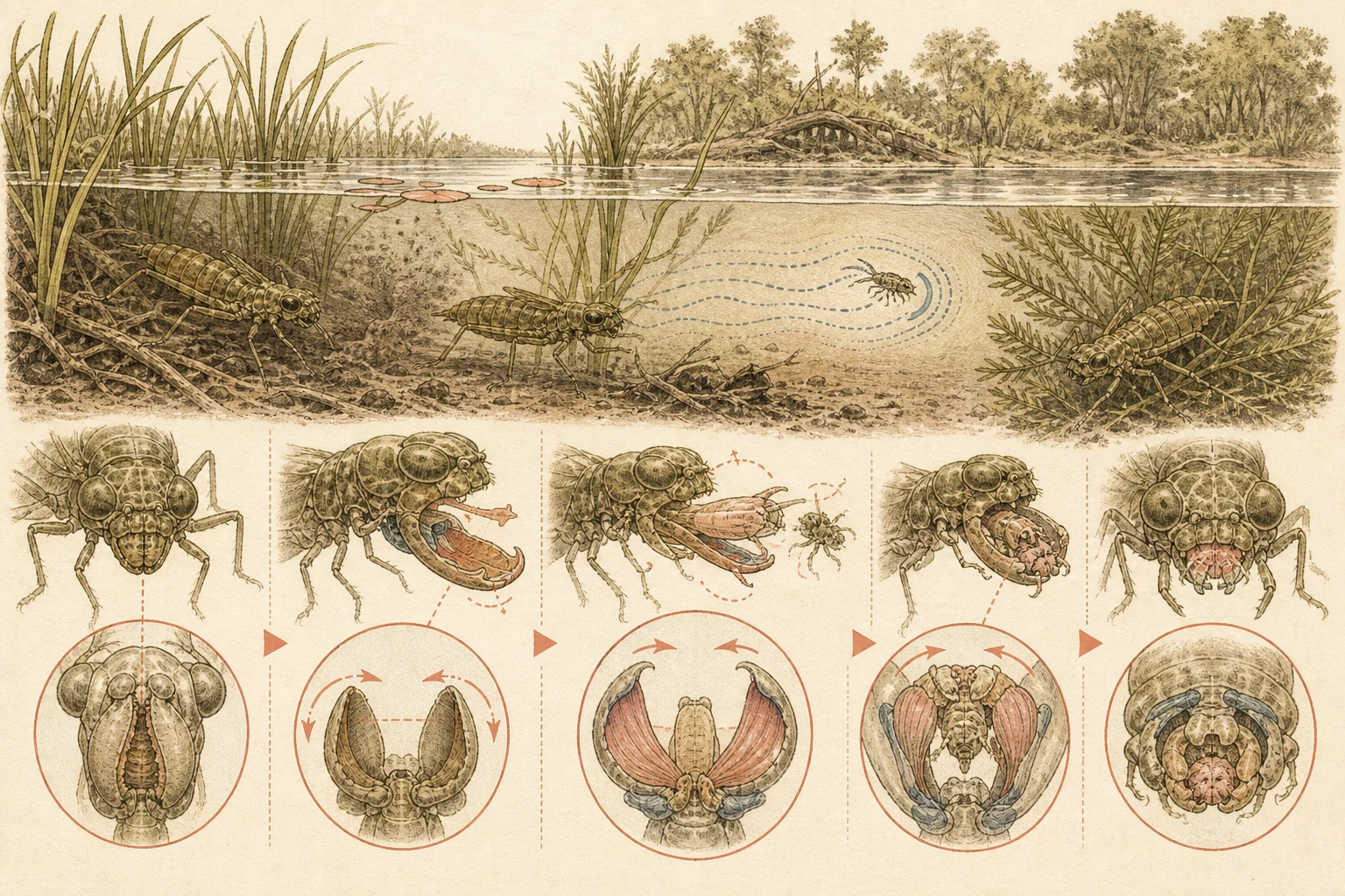 Text-free illustrated habitat transect for “How dragonfly nymphs hunt”; the article points are listed below.