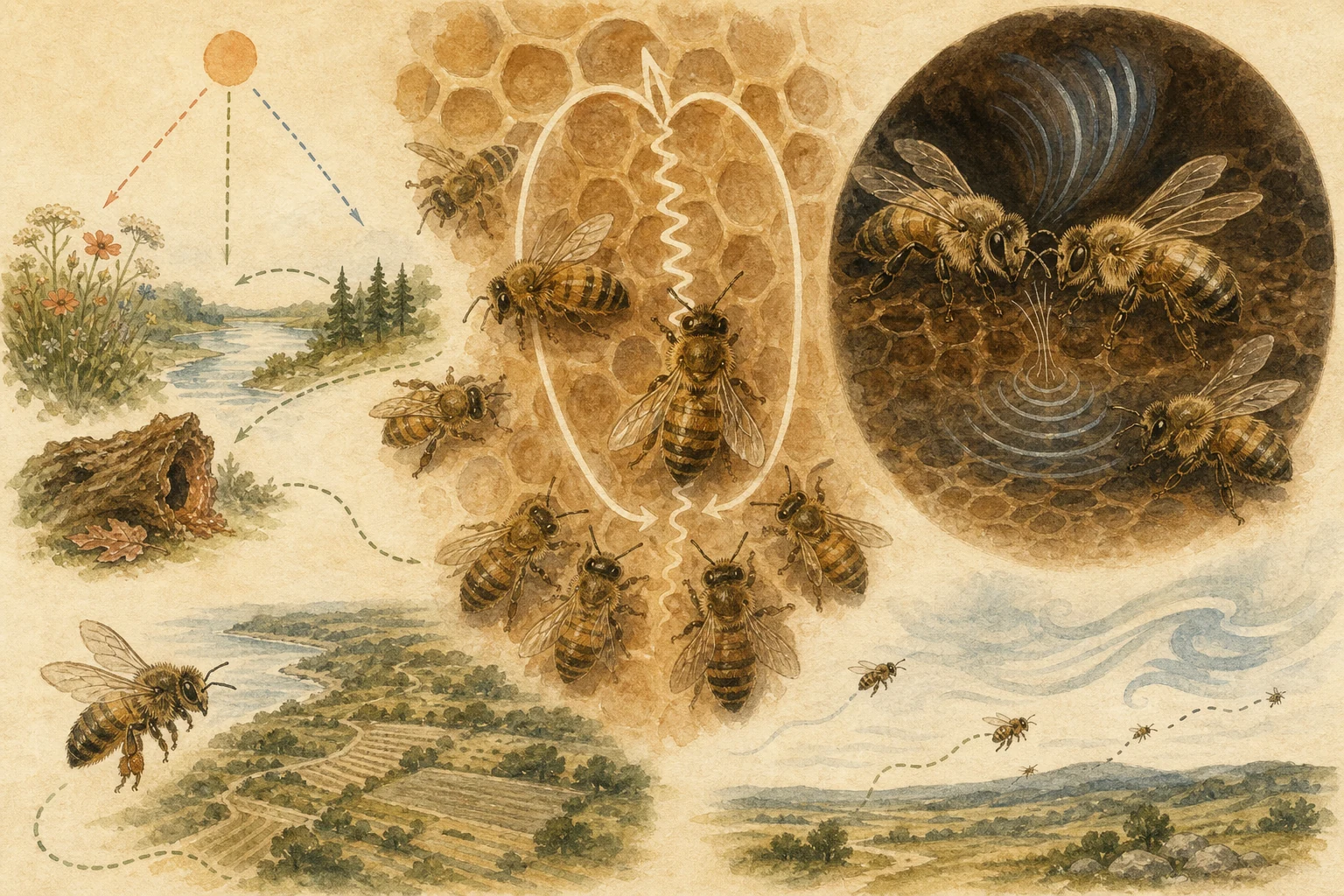 Text-free illustrated signal score for “How honeybees communicate with dances”; the article points are listed below.