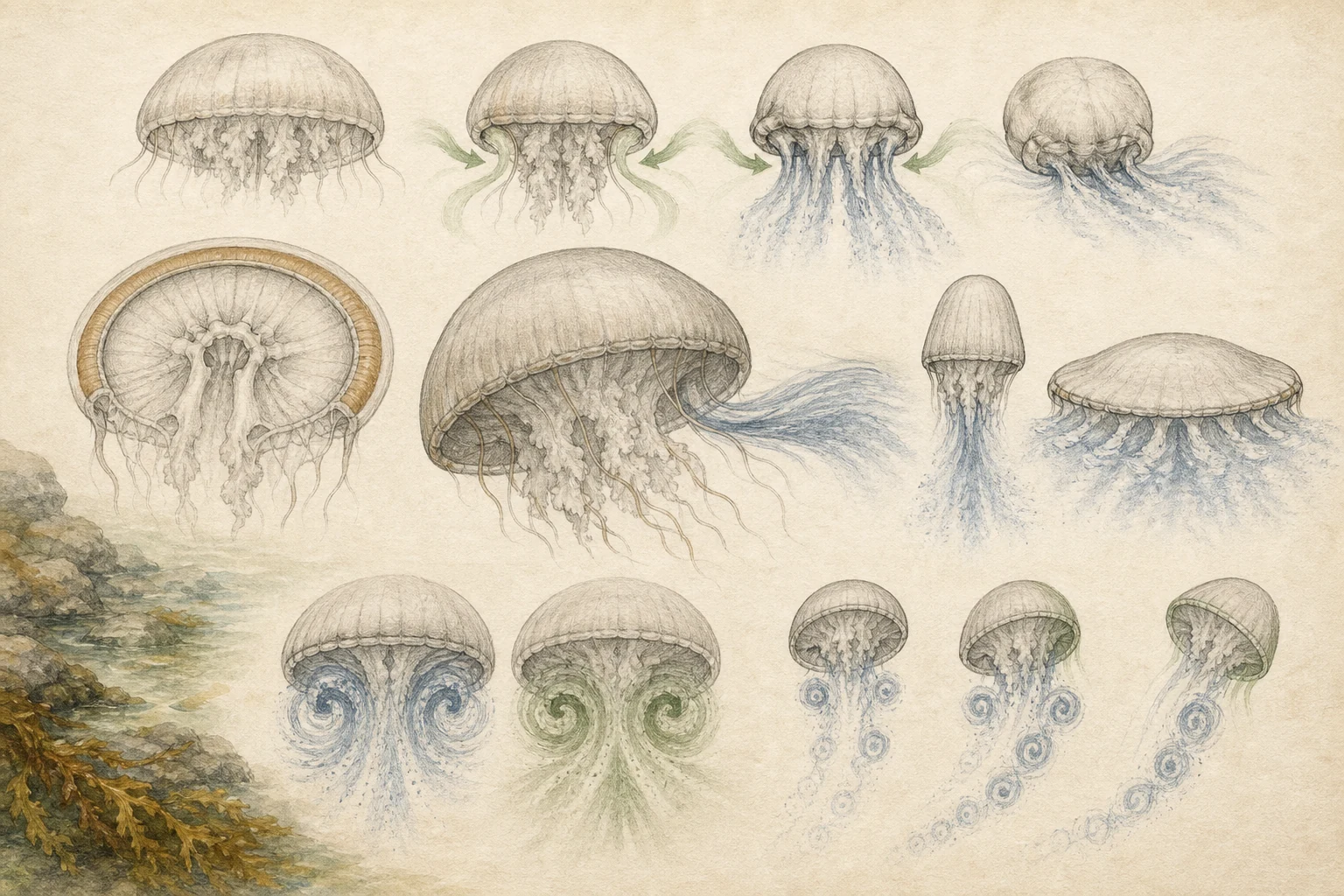 Text-free illustrated concept map for “How jellyfish swim”; the article points are listed below.