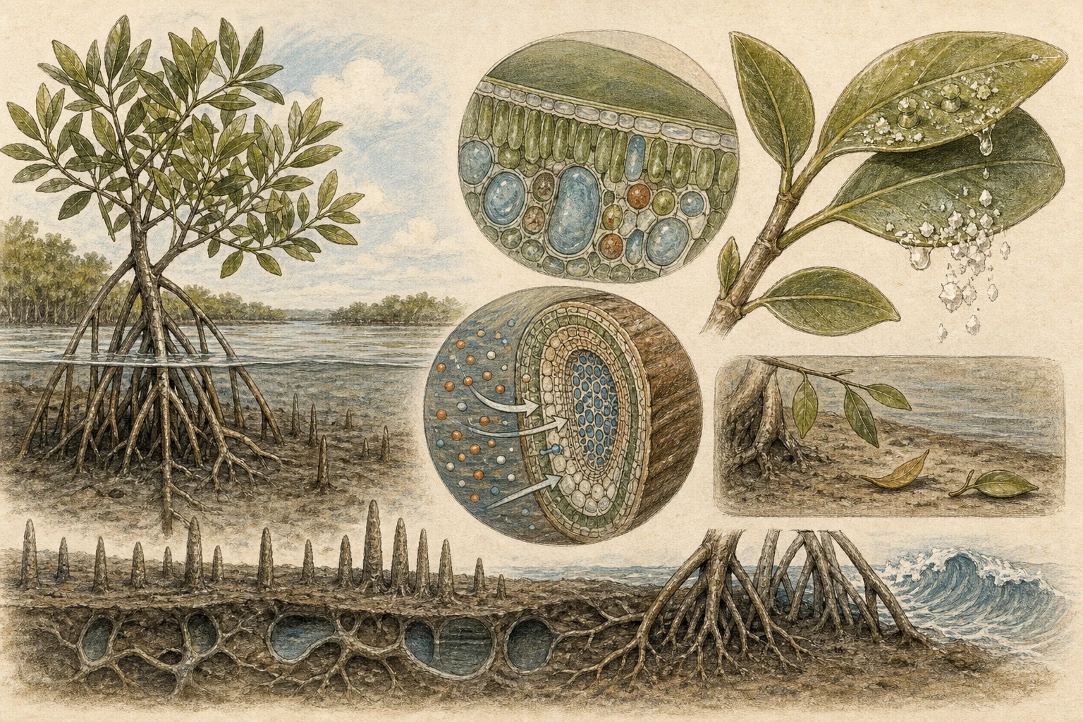 Text-free illustrated concept map for “How mangroves handle salt”; the article points are listed below.