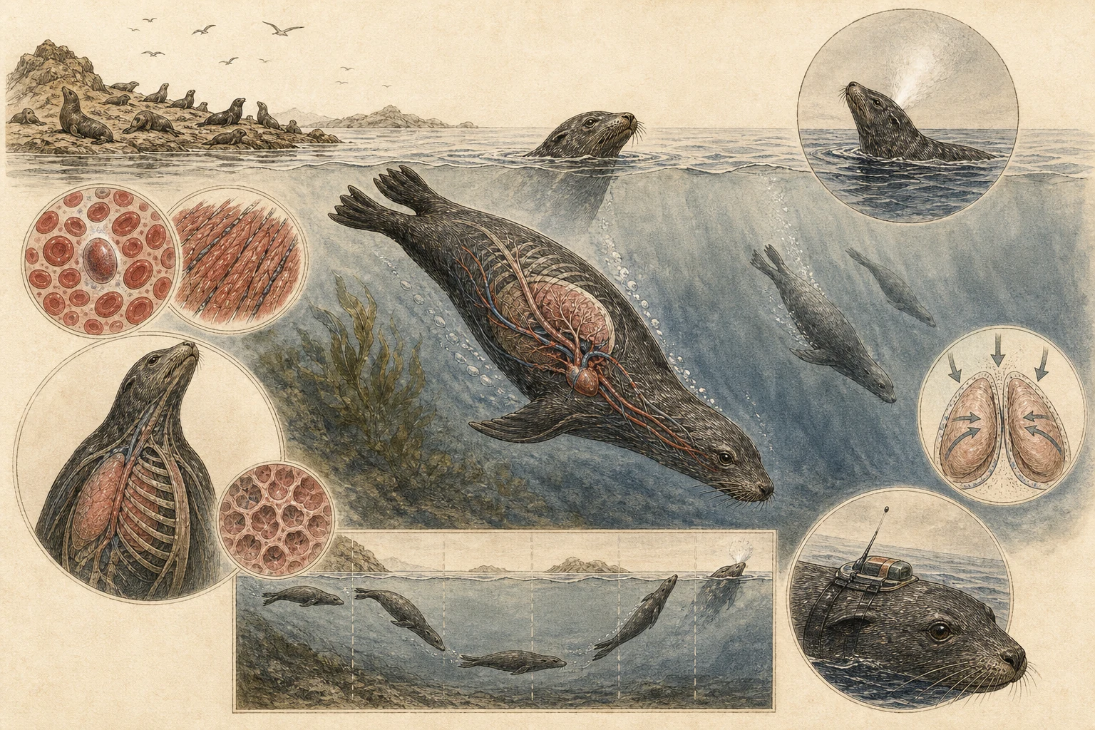 Text-free illustrated concept map for “How marine mammals dive”; the article points are listed below.