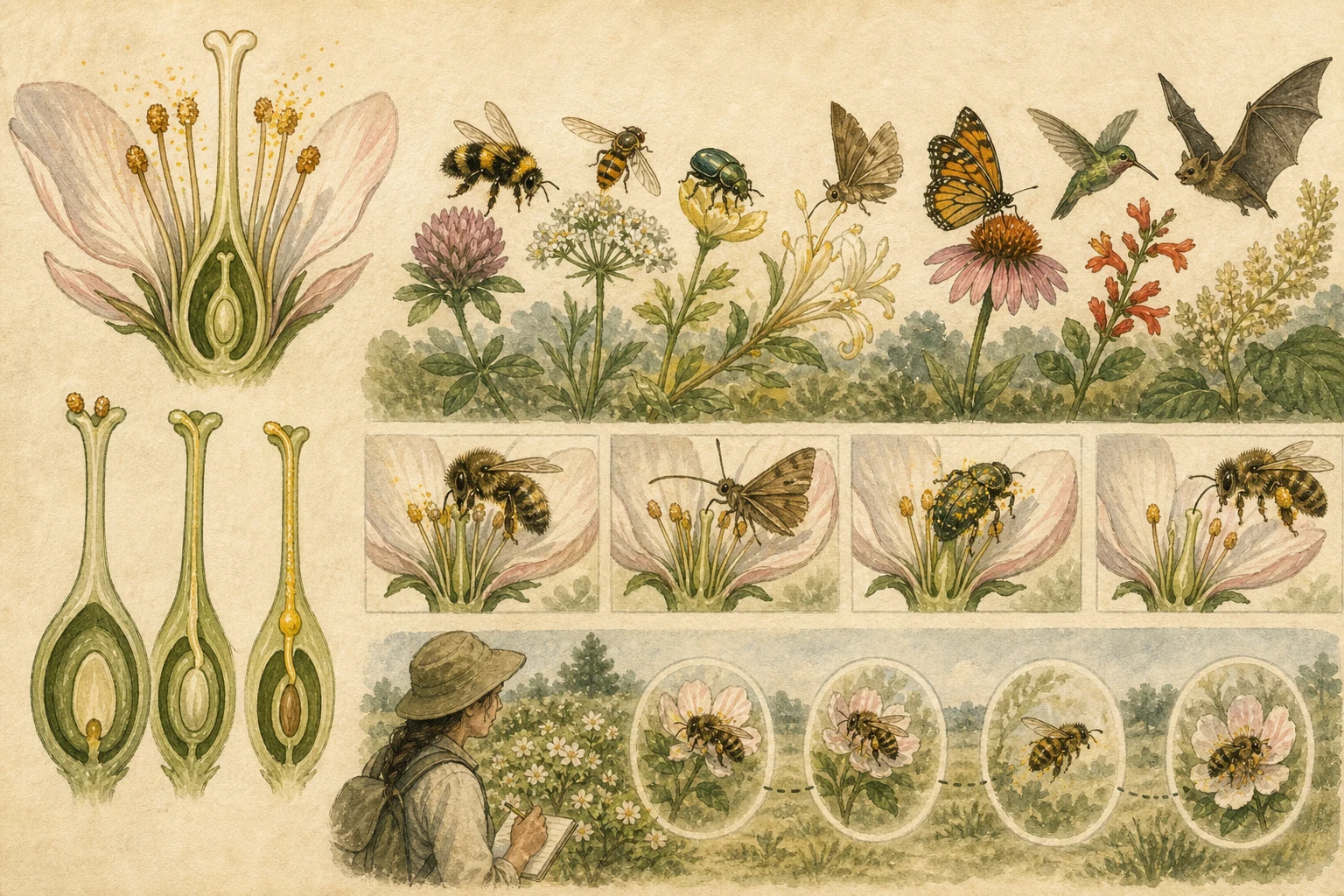 Text-free illustrated concept map for “How pollination works”; the article points are listed below.