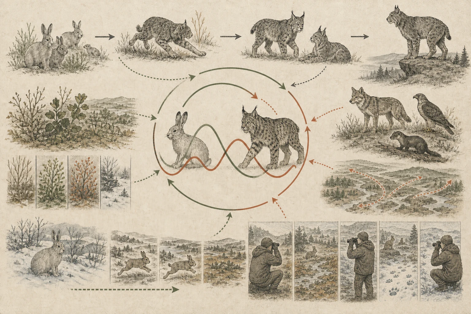 Text-free illustrated cause map for “How predator–prey cycles work”; the article points are listed below.