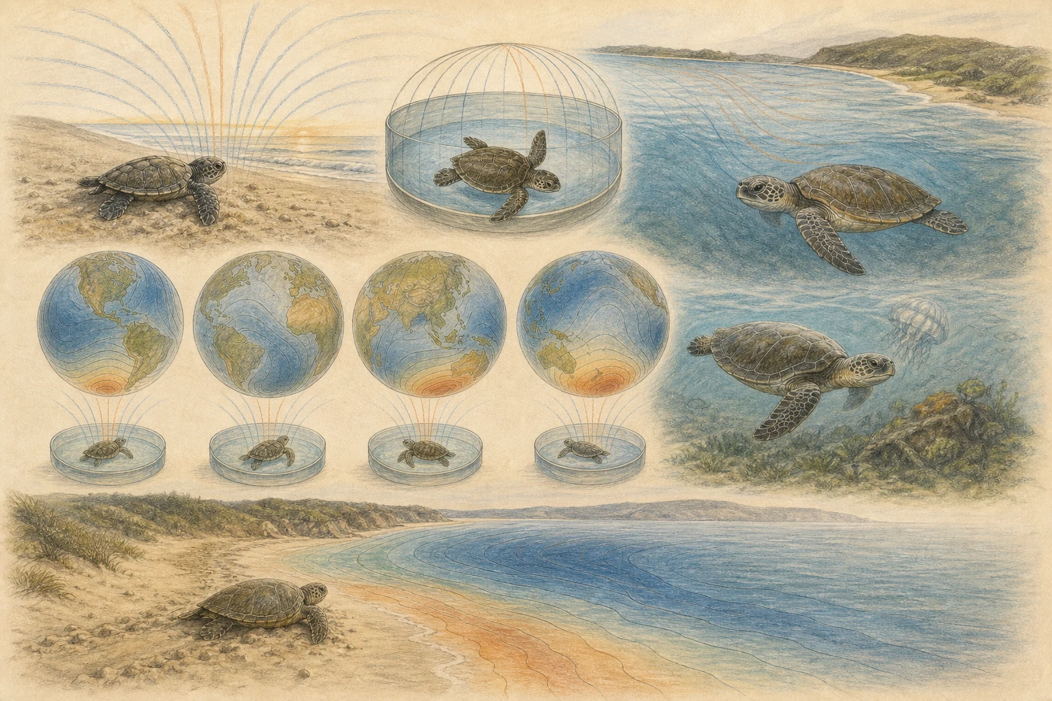 Text-free illustrated signal score for “How sea turtles navigate”; the article points are listed below.