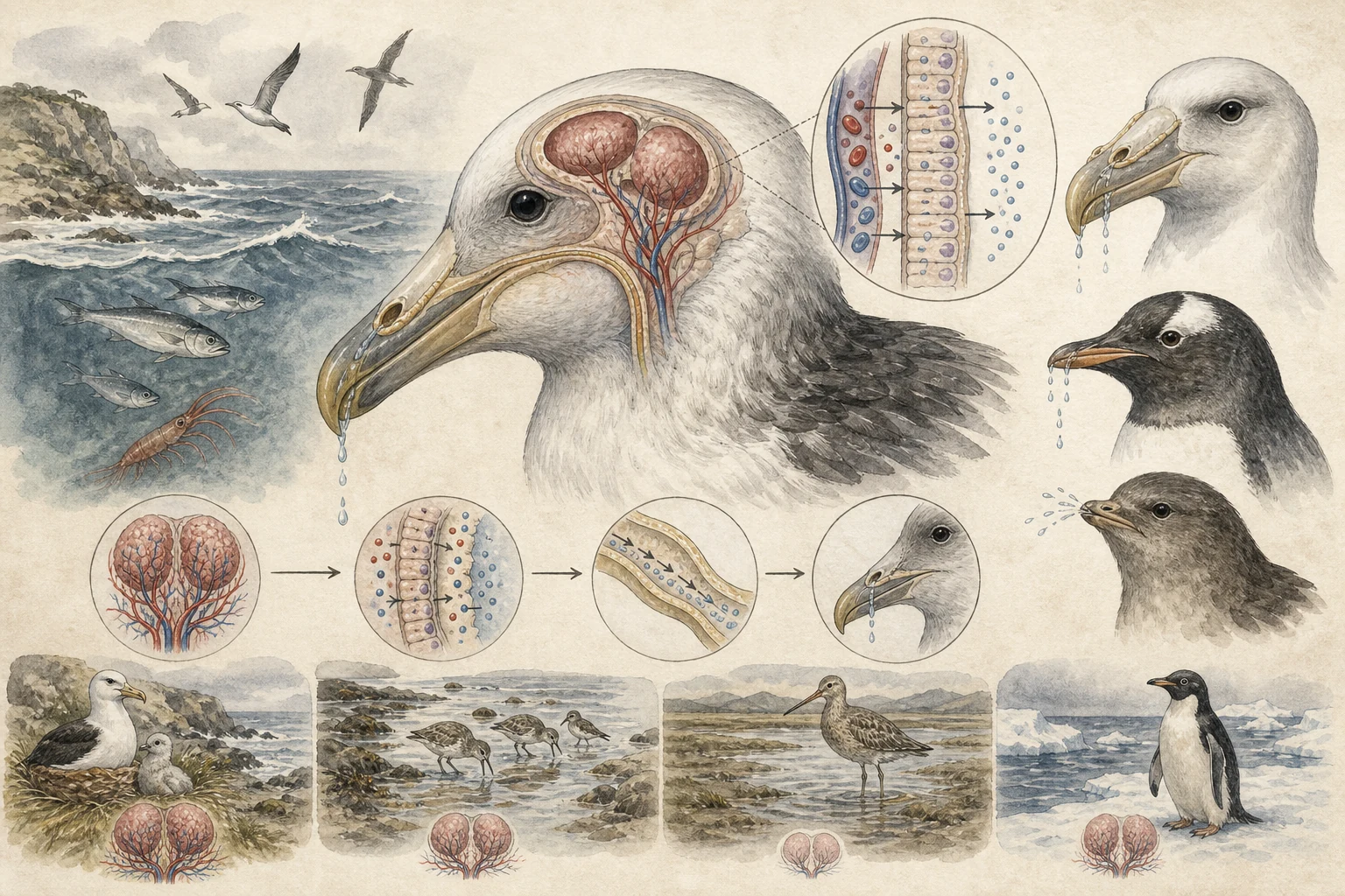 Text-free illustrated habitat transect for “How seabirds handle salt”; the article points are listed below.