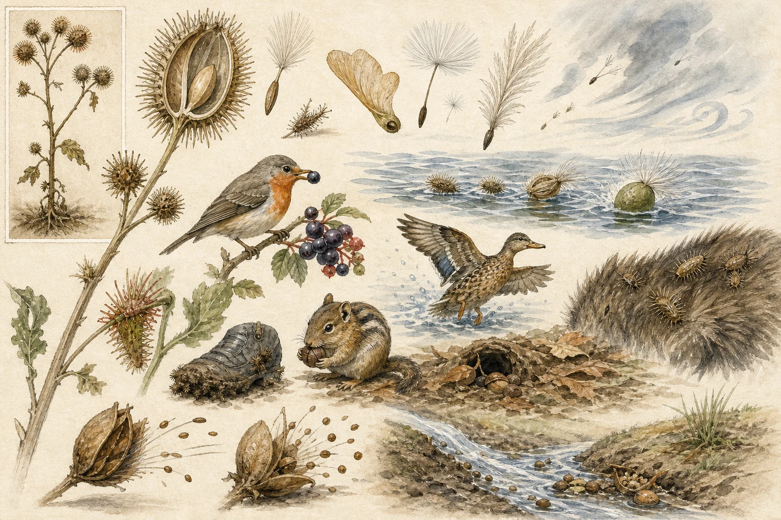 Text-free illustrated cause map for “How seeds travel”; the article points are listed below.