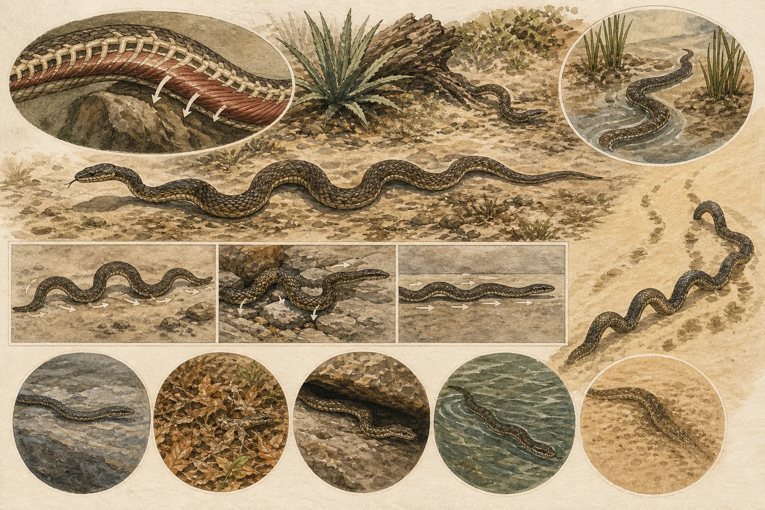Text-free illustrated concept map for “How snakes move without legs”; the article points are listed below.