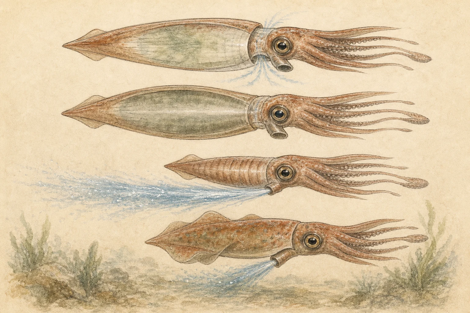 Text-free illustrated concept map for “How squid use jet propulsion”; the article points are listed below.