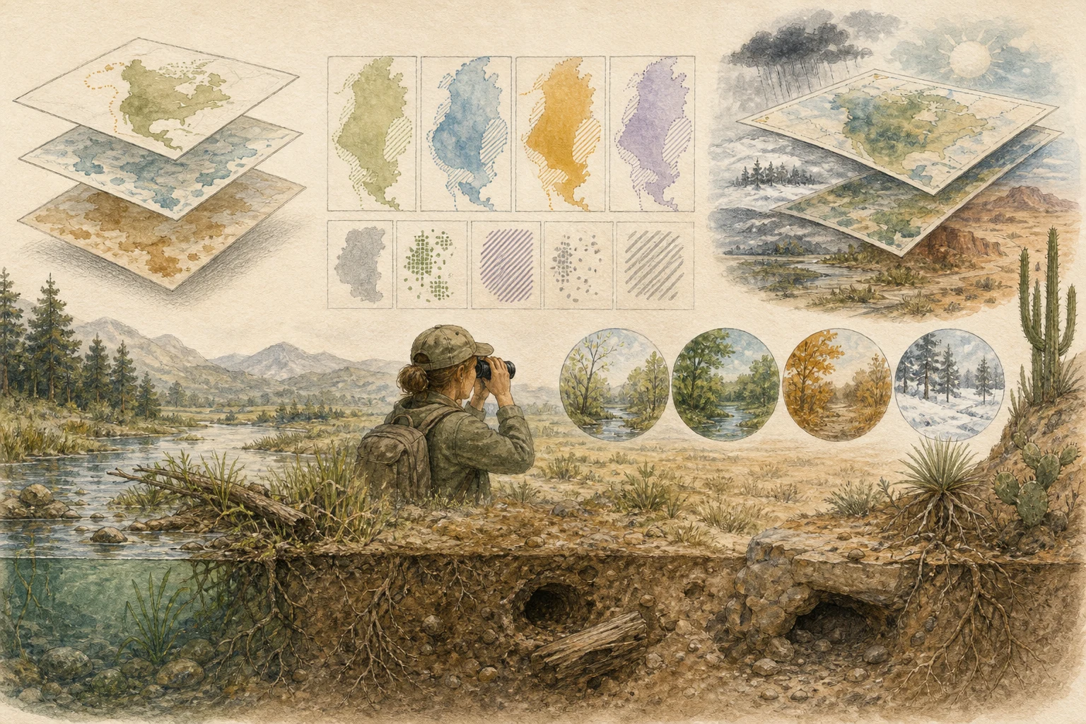 Text-free illustrated habitat transect for “How to read a species range map”; the article points are listed below.