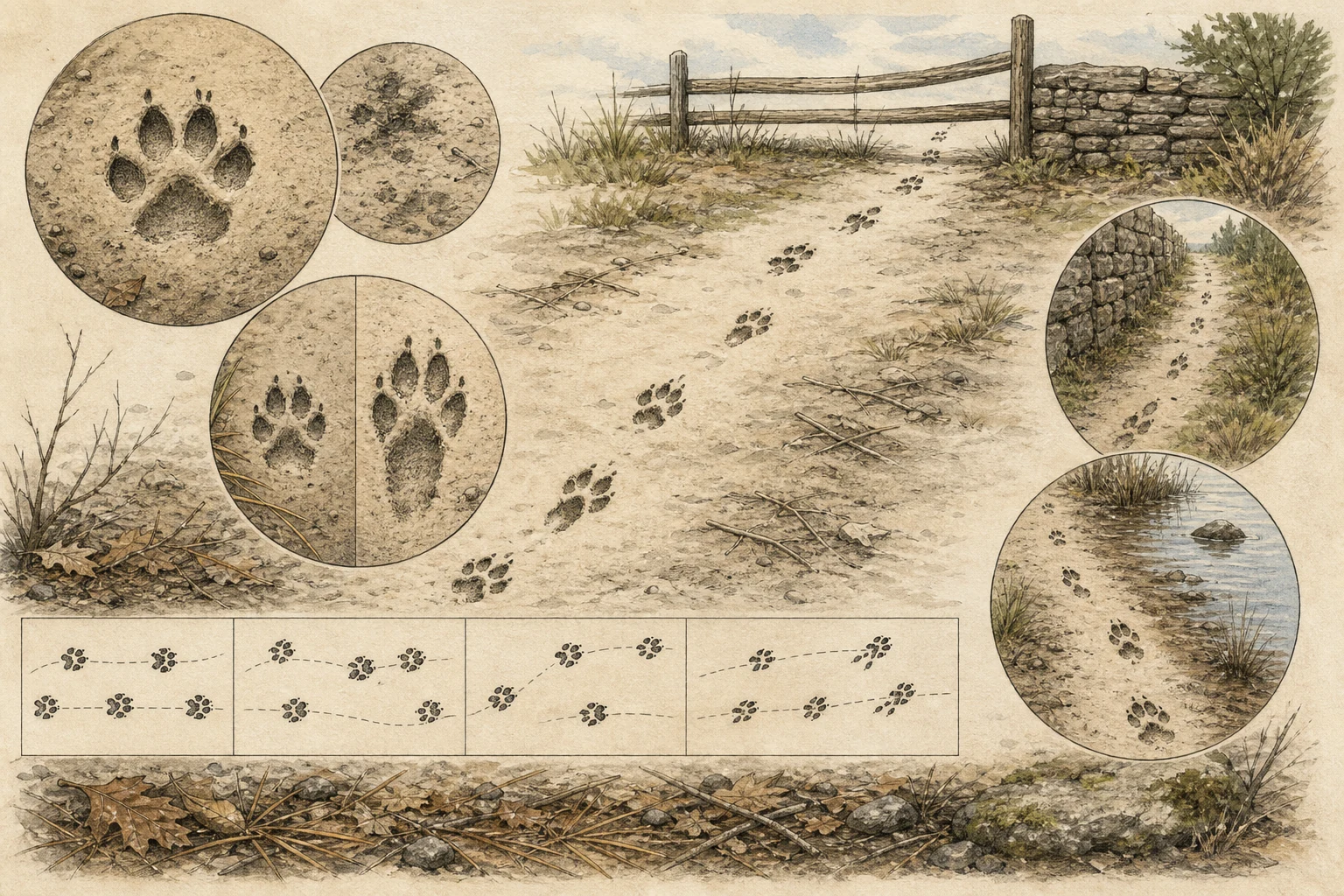 Text-free illustrated evidence board for “How to read animal tracks”; the article points are listed below.