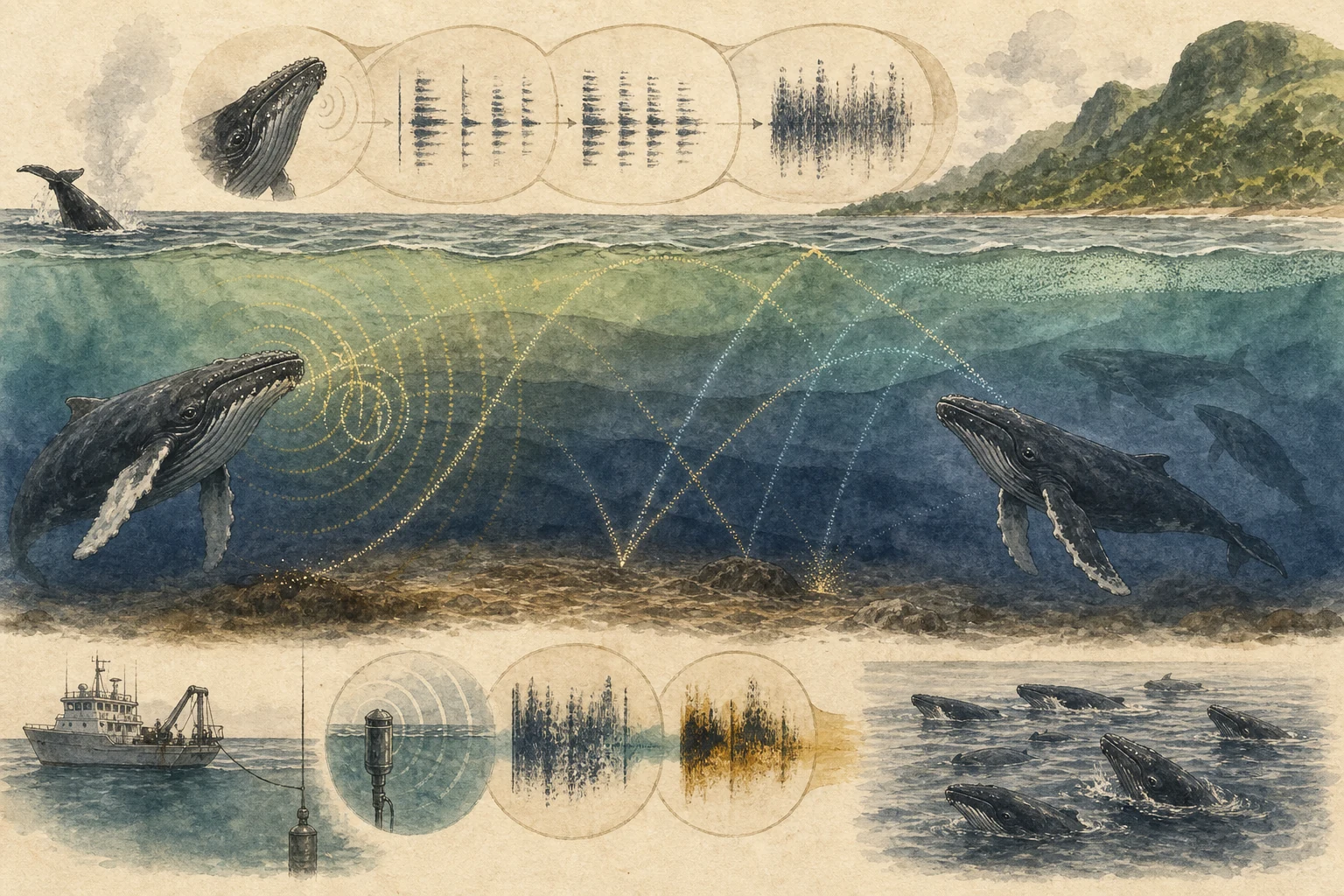 Text-free illustrated signal score for “How whale songs travel”; the article points are listed below.