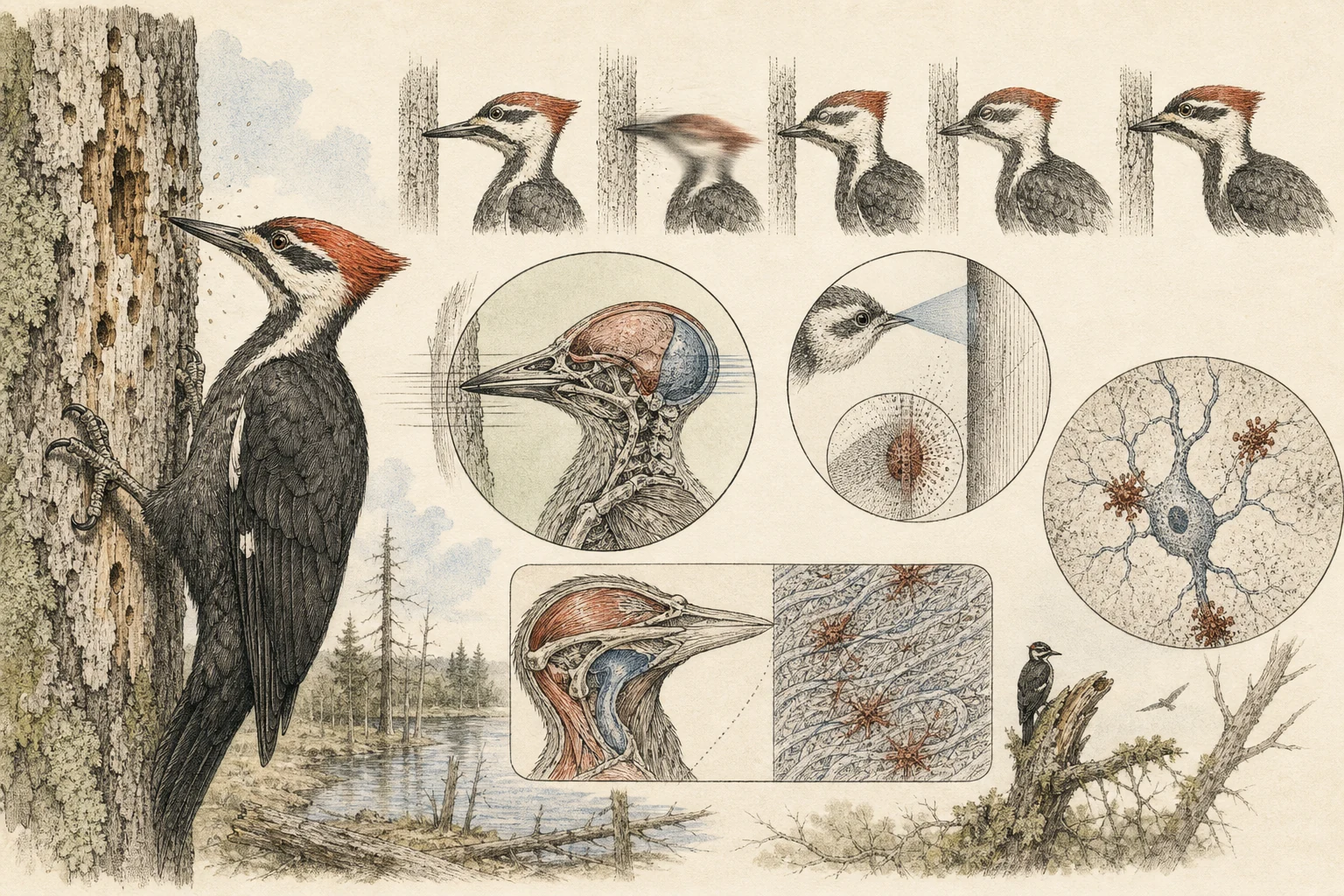 Text-free illustrated concept map for “How woodpeckers handle impact”; the article points are listed below.