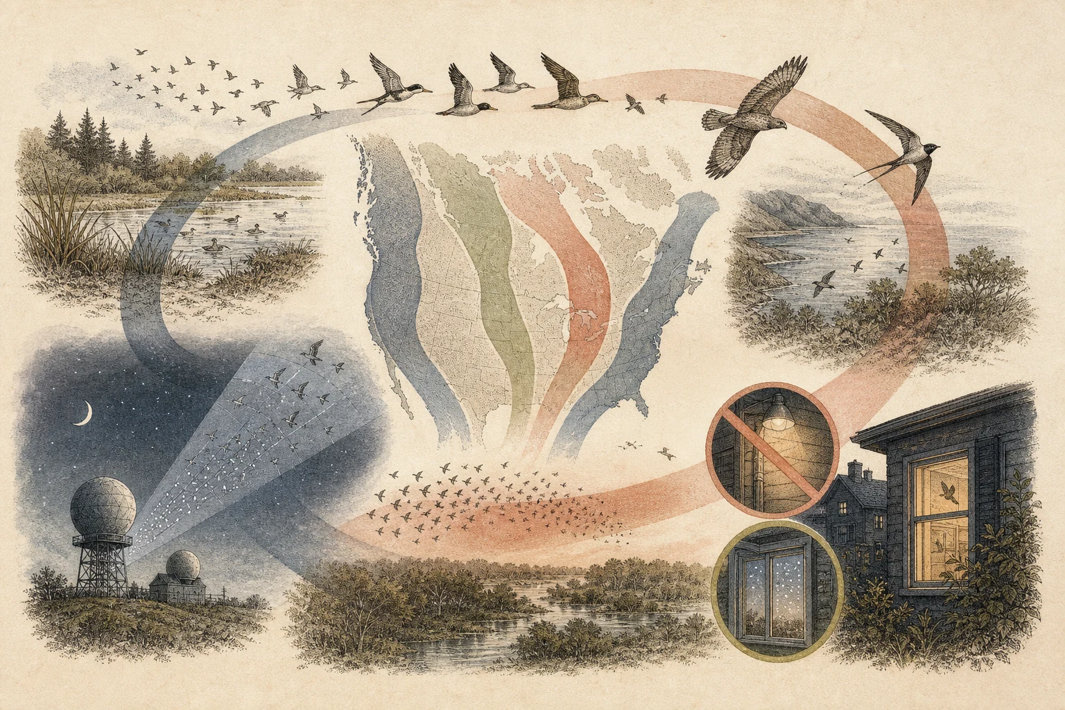Text-free illustrated seasonal wheel for “Bird migration 101”; the article points are listed below.