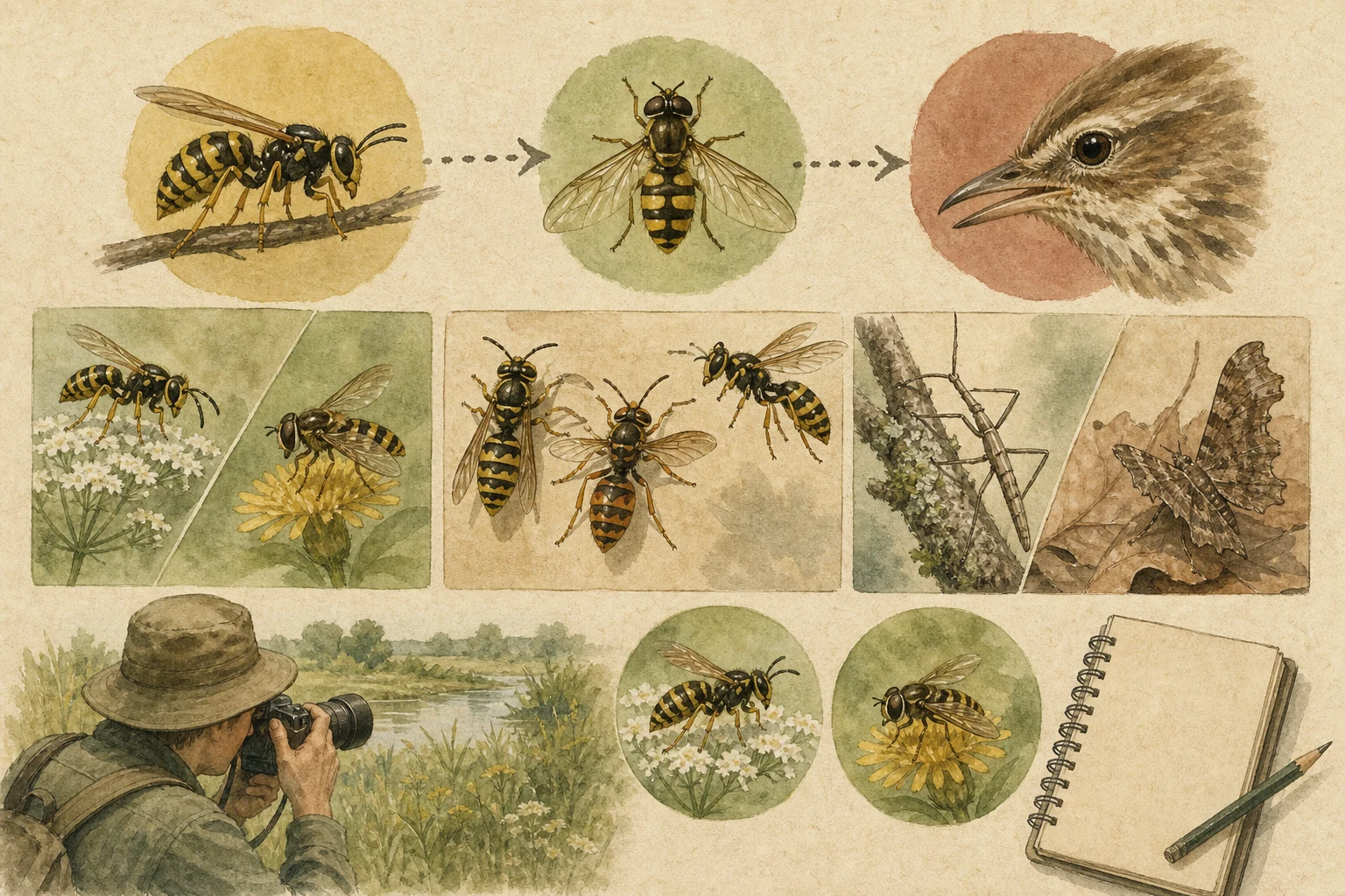 Text-free illustrated mechanism panels for “Mimicry in the field”; the article points are listed below.