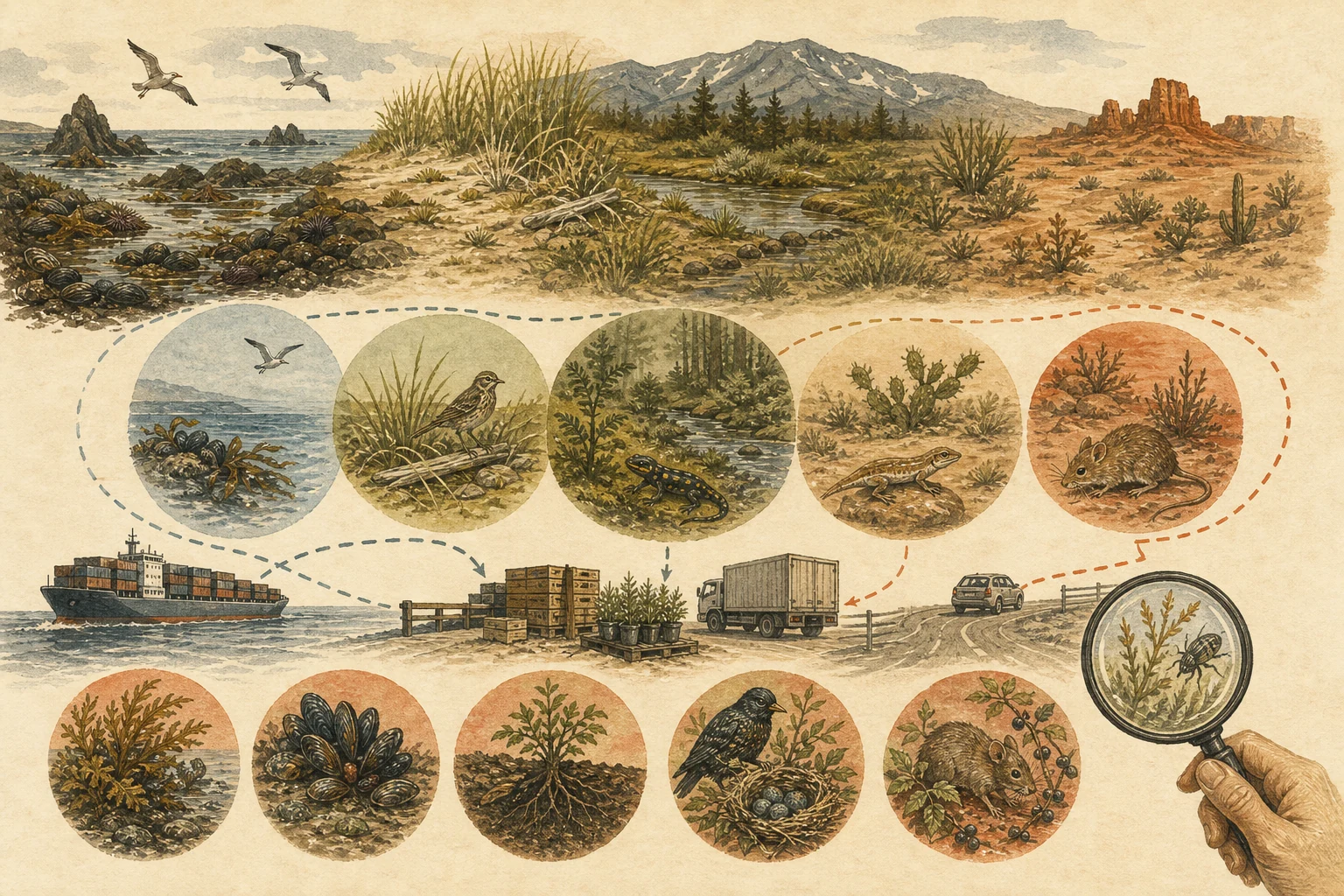 Text-free illustrated habitat transect for “Native, introduced, and invasive”; the article points are listed below.