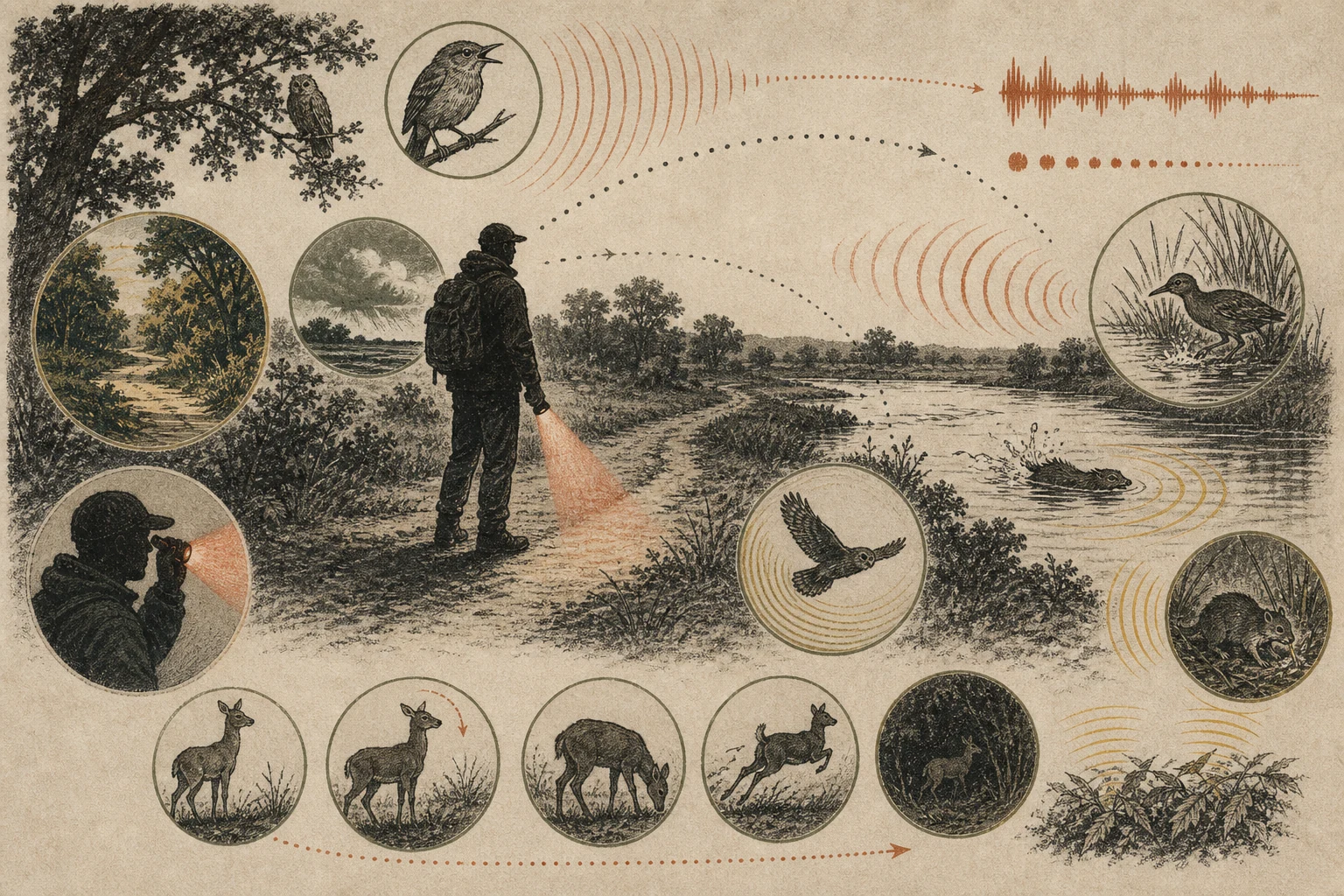 Text-free illustrated signal score for “Night wildlife watching”; the article points are listed below.
