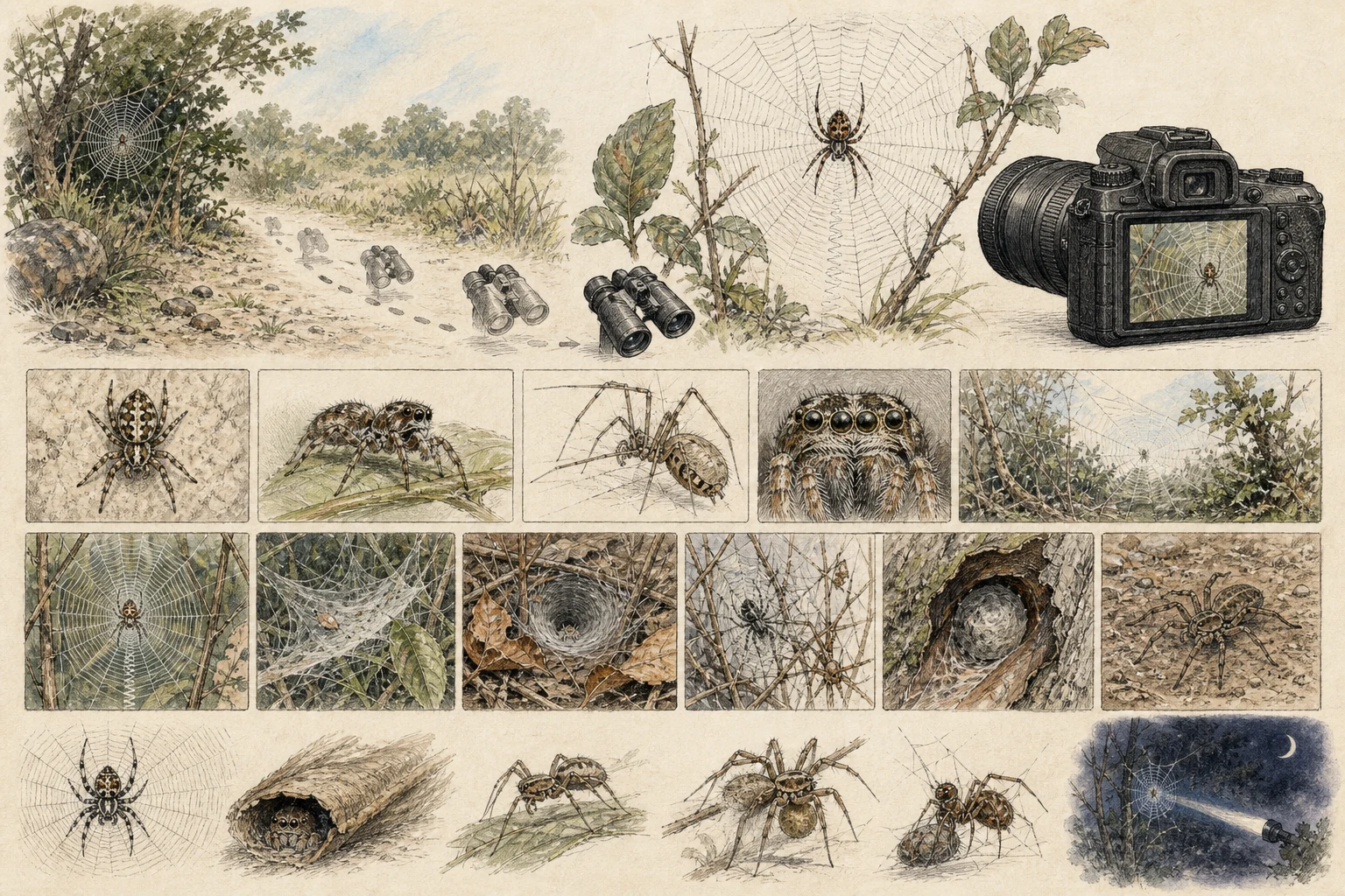 Text-free illustrated field protocol for “Observing spiders without handling”; the article points are listed below.
