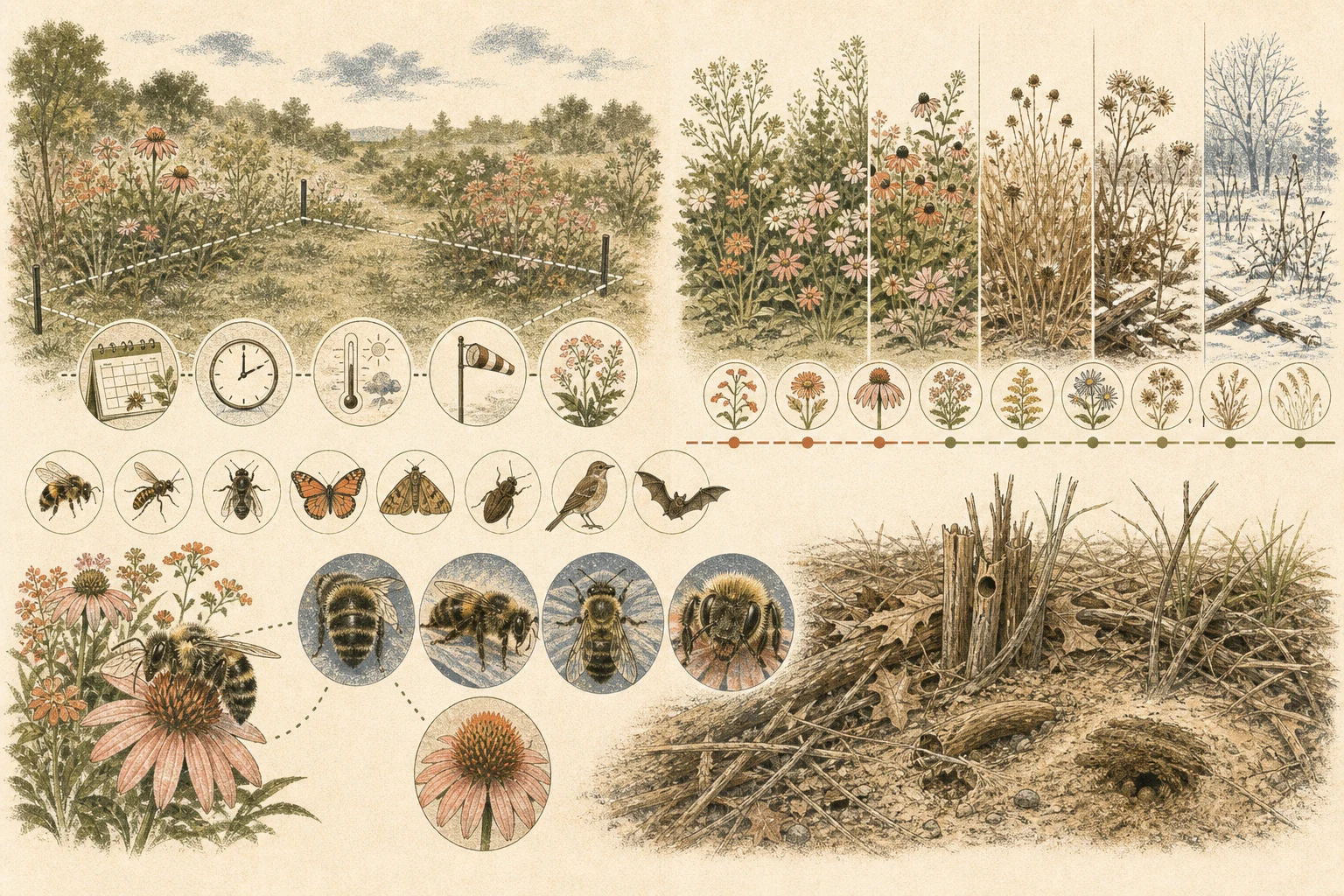 Text-free illustrated field protocol for “Watching a pollinator garden”; the article points are listed below.