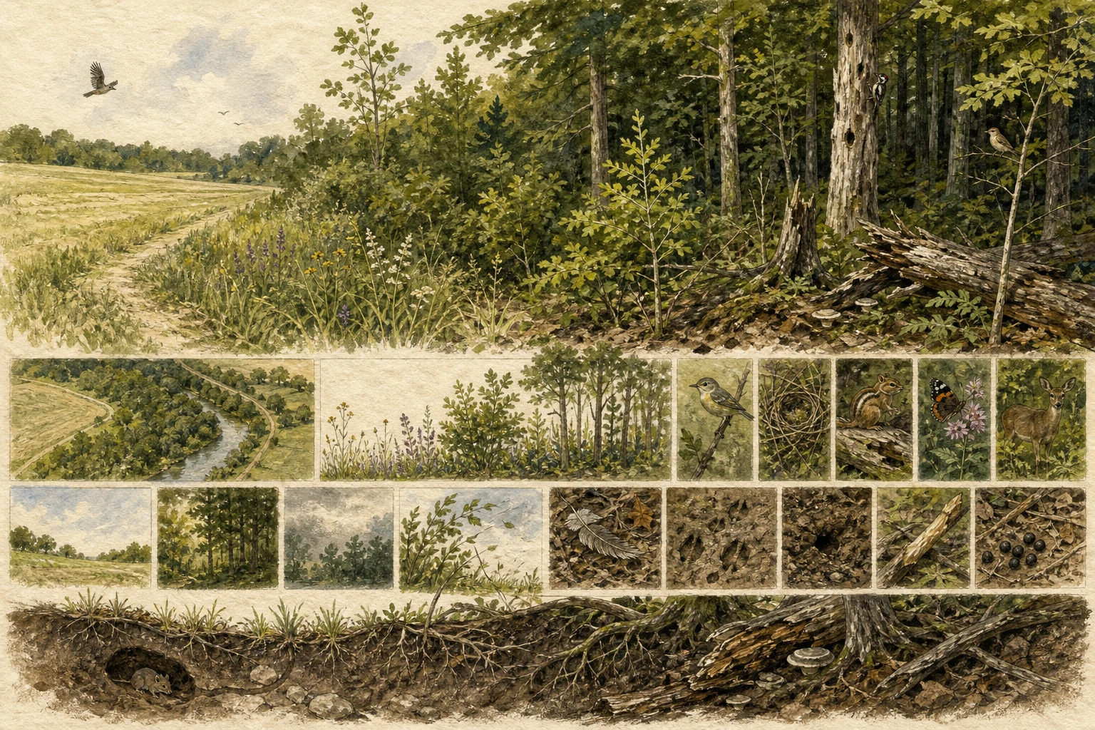 Text-free illustrated habitat transect for “Reading a forest edge”; the article points are listed below.