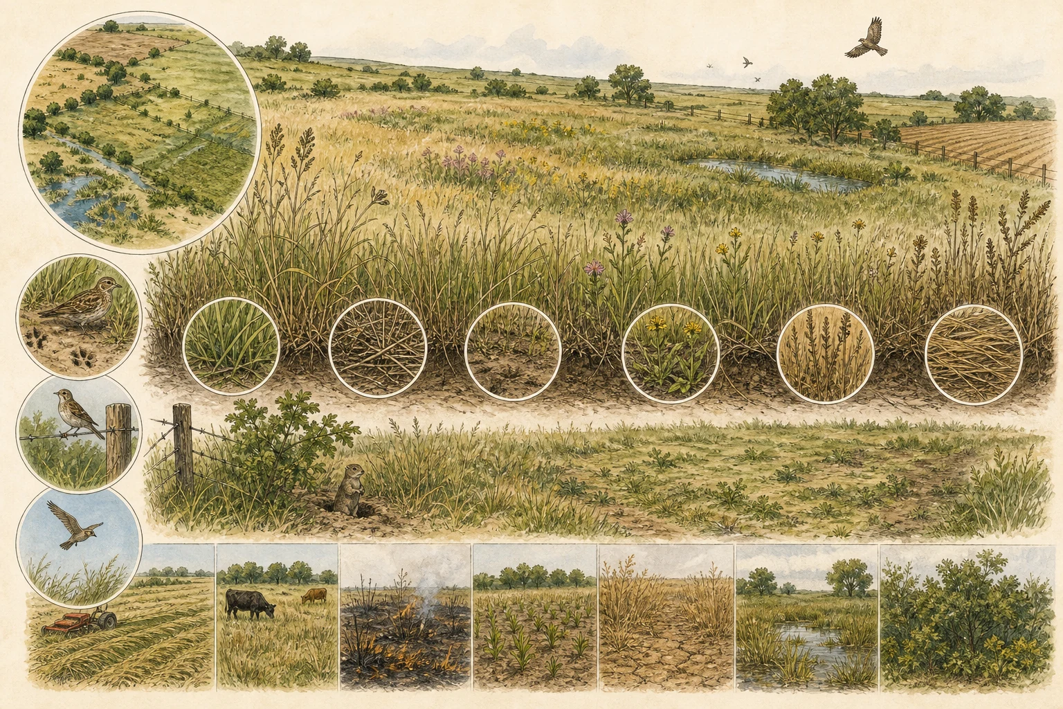 Text-free illustrated habitat transect for “Reading a grassland”; the article points are listed below.