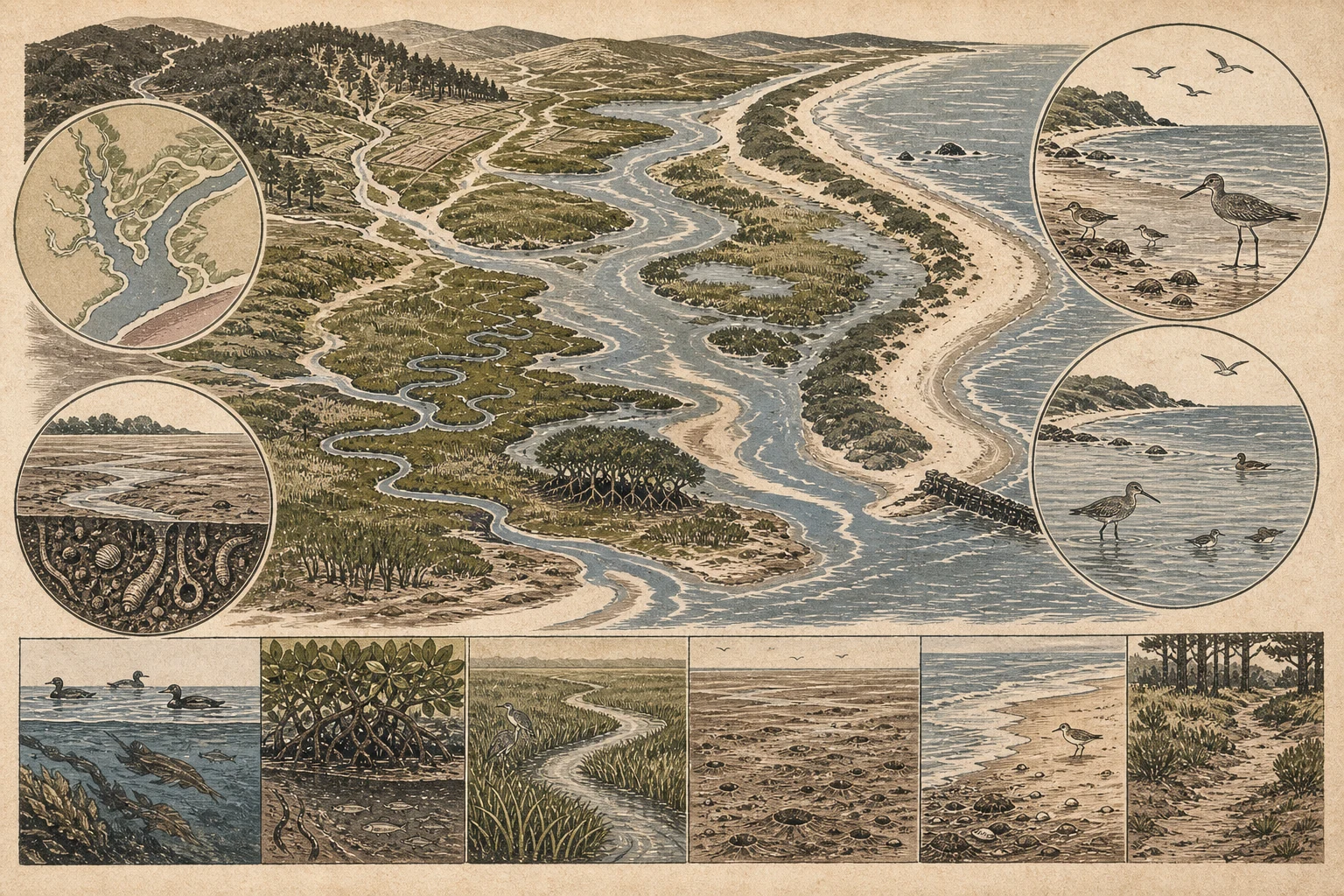 Text-free illustrated habitat transect for “Reading an estuary”; the article points are listed below.