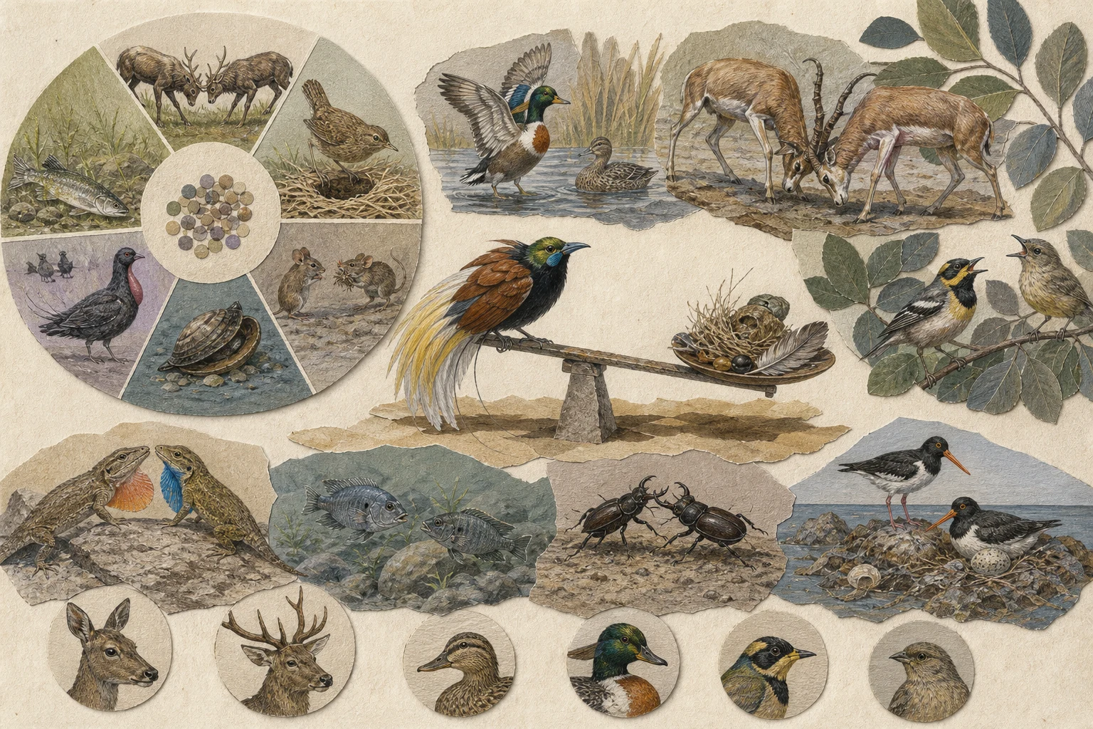 Text-free illustrated concept map for “Sexual selection vs. natural selection”; the article points are listed below.