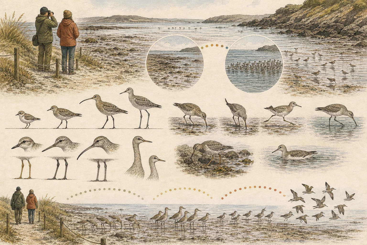 Text-free illustrated habitat transect for “Shorebird observation basics”; the article points are listed below.