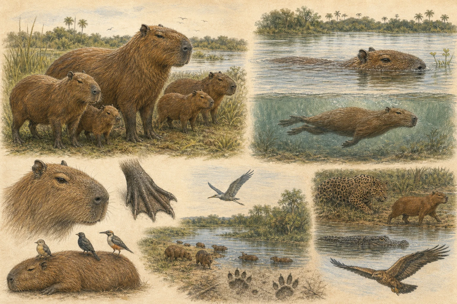 Text-free illustrated concept map for “The chill science of capybaras”; the article points are listed below.