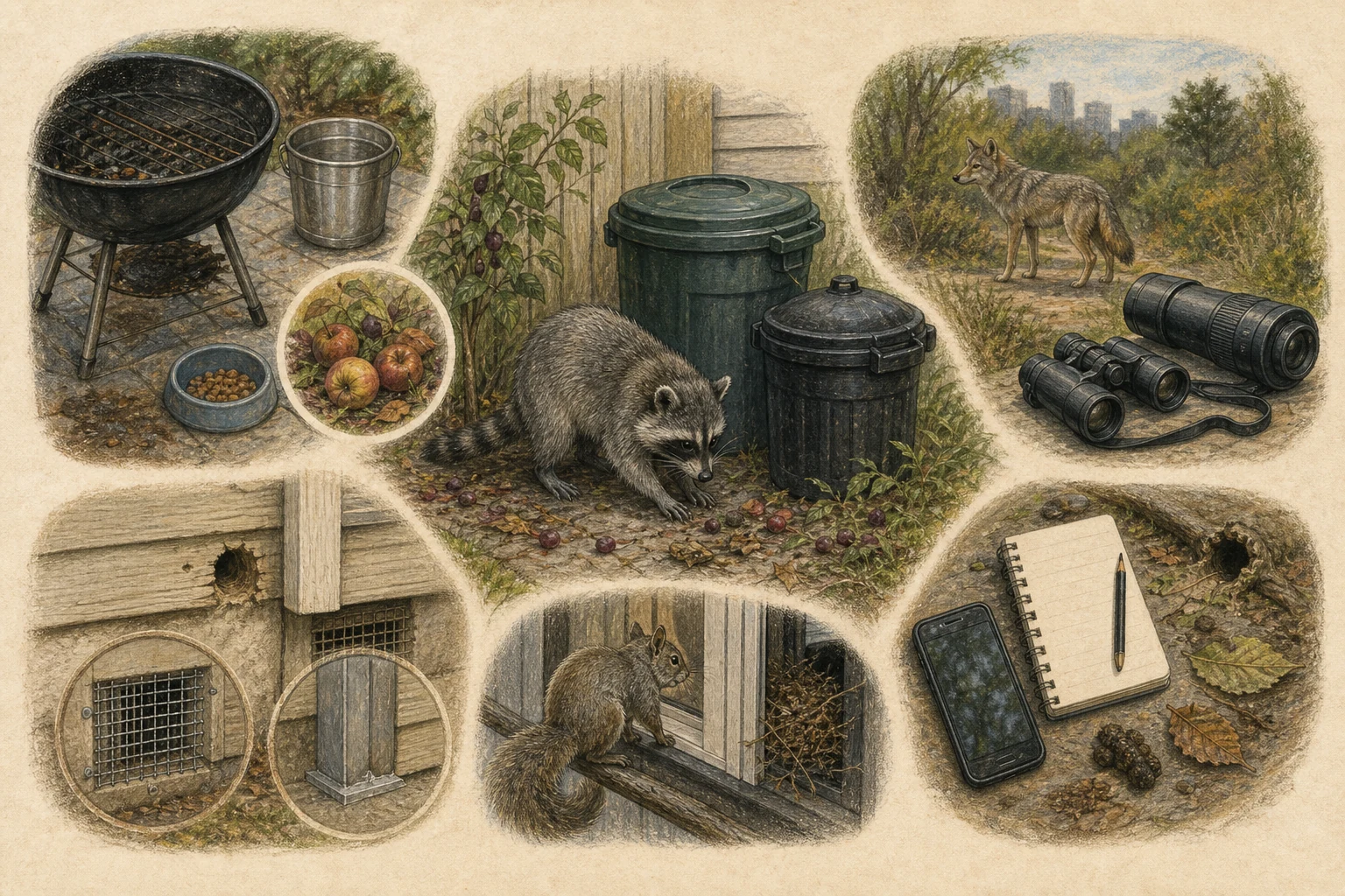 Text-free illustrated field protocol for “Urban wildlife coexistence basics”; the article points are listed below.