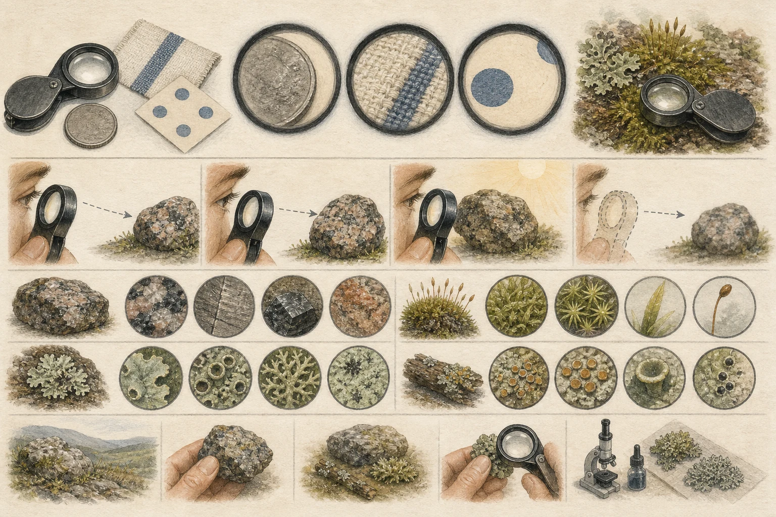 Text-free illustrated field protocol for “Using a hand lens in the field”; the article points are listed below.