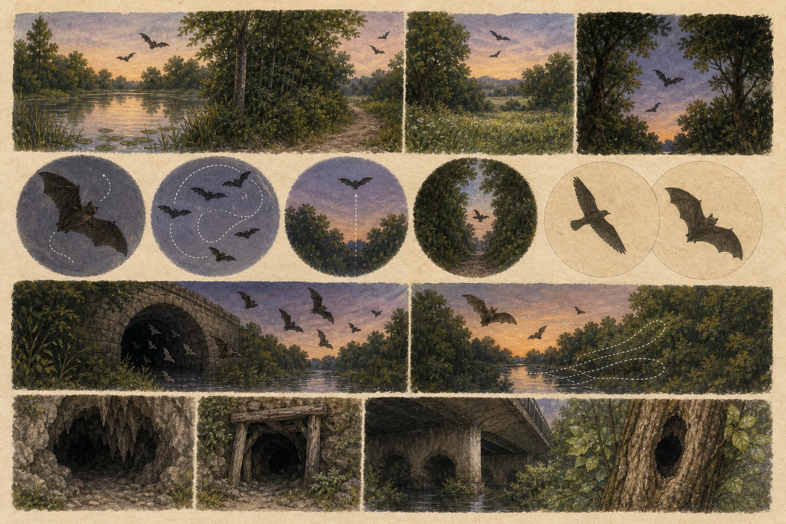 Text-free illustrated field protocol for “Watching bats at dusk”; the article points are listed below.