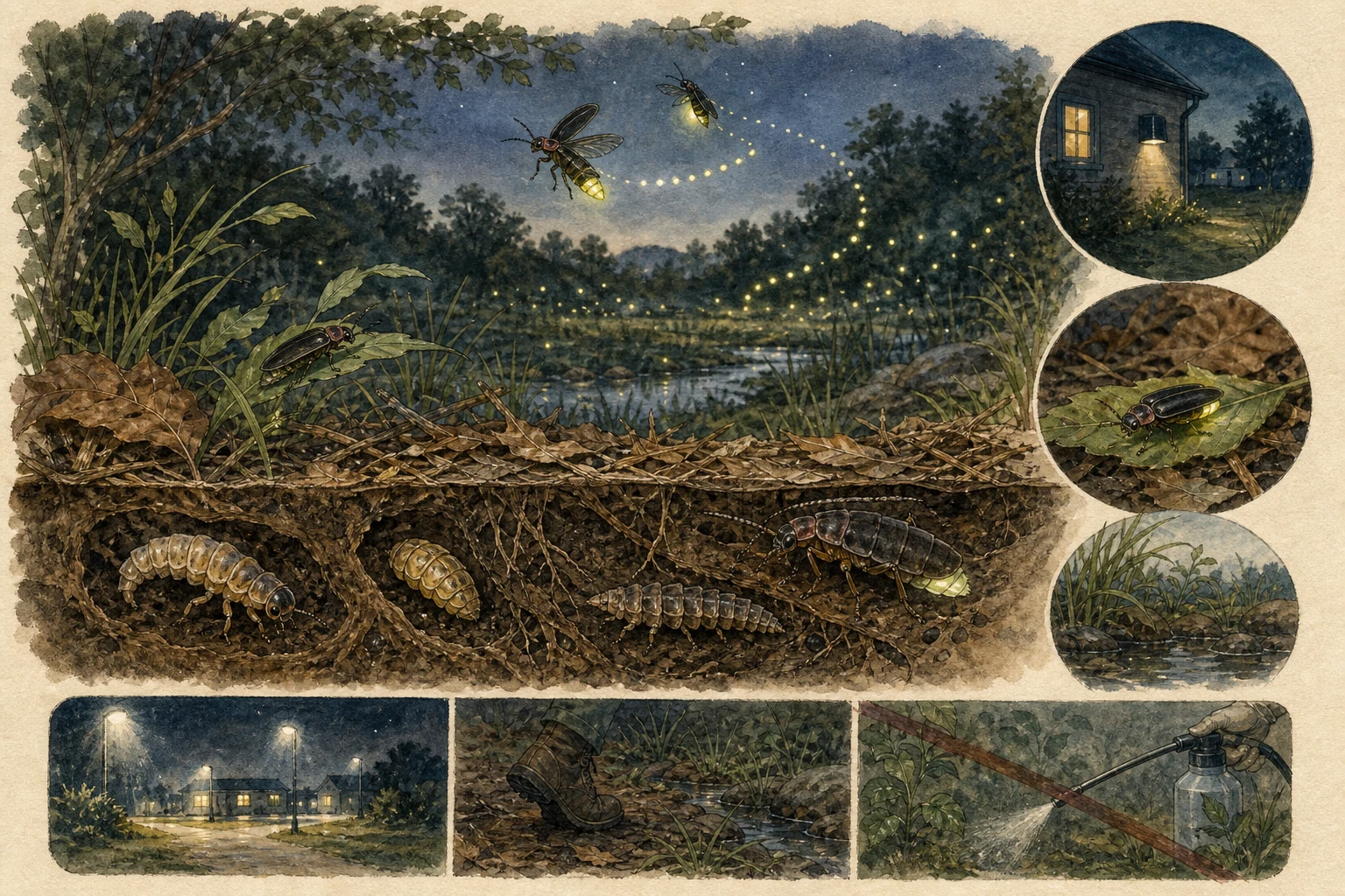 Text-free illustrated habitat transect for “Watching fireflies responsibly”; the article points are listed below.