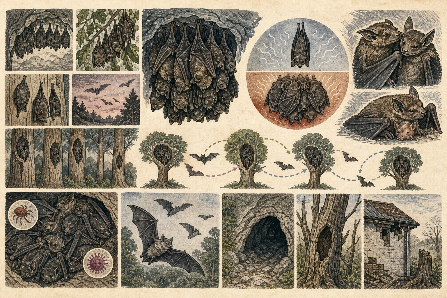 Text-free illustrated concept map for “Why bats roost in colonies”; the article points are listed below.