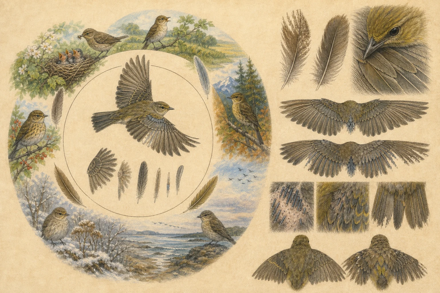 Text-free illustrated seasonal wheel for “Why birds molt”; the article points are listed below.
