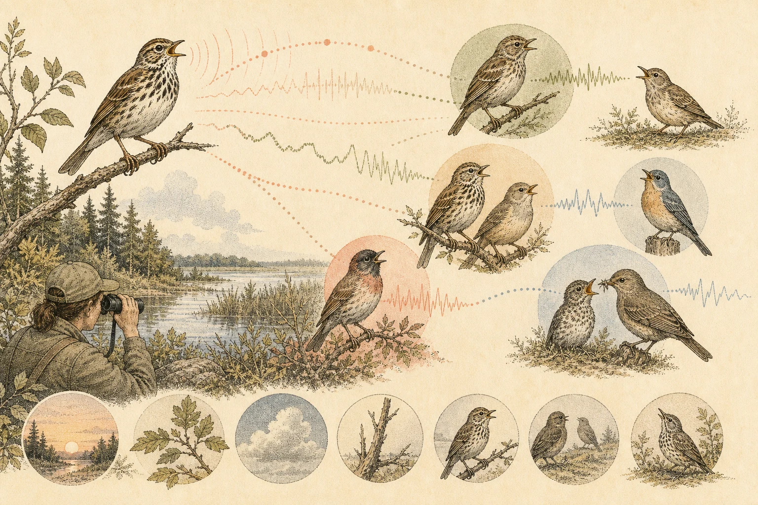 Text-free illustrated signal score for “Why birds sing”; the article points are listed below.